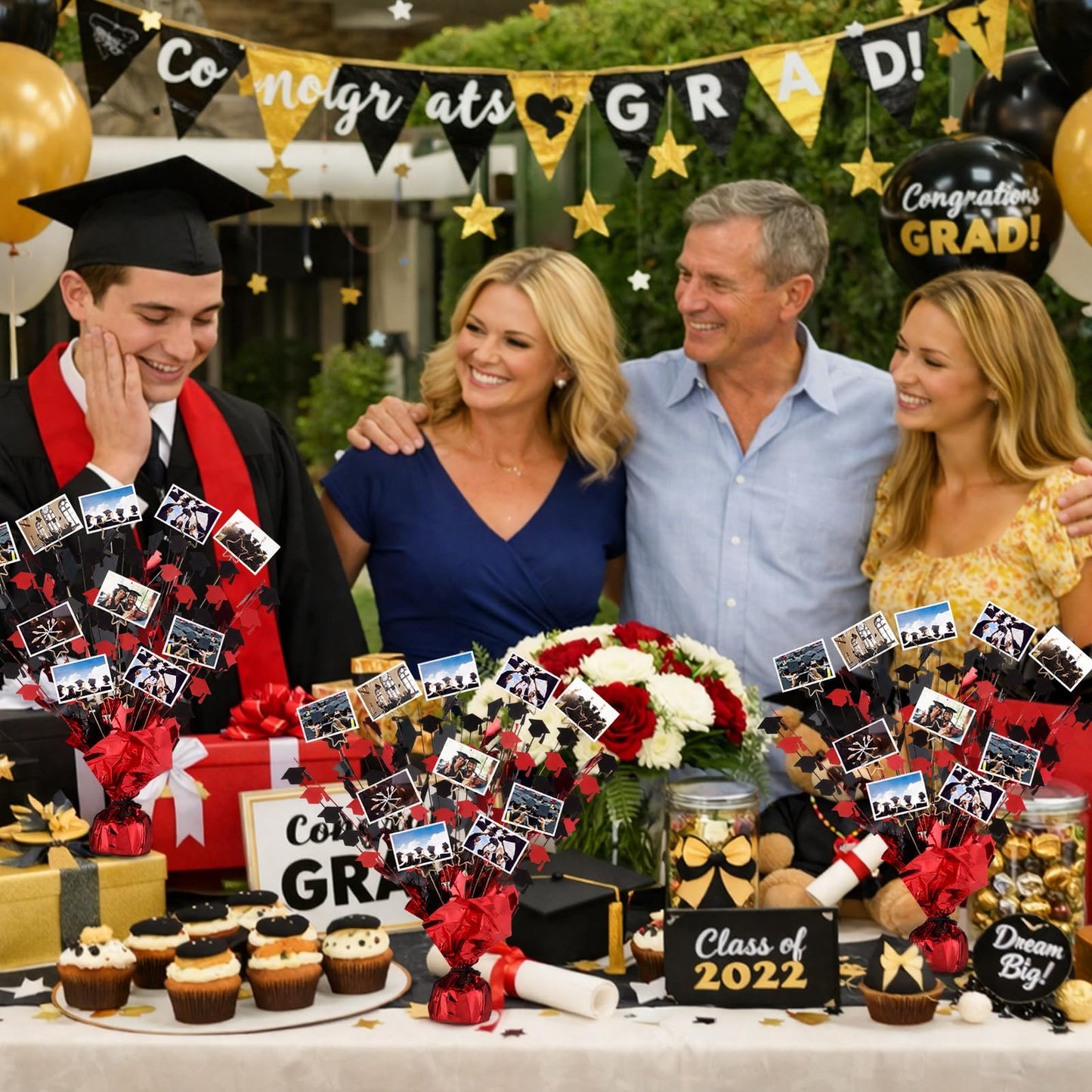 FunooFuno 6 Pcs Graduation Photo Display Decoration Graduation Table Centerpiece Class of 2026 Glitter Foil Party Table Decor with 48 Photo Toppers for Congratulate Grad Party Supplies(Black and Red)