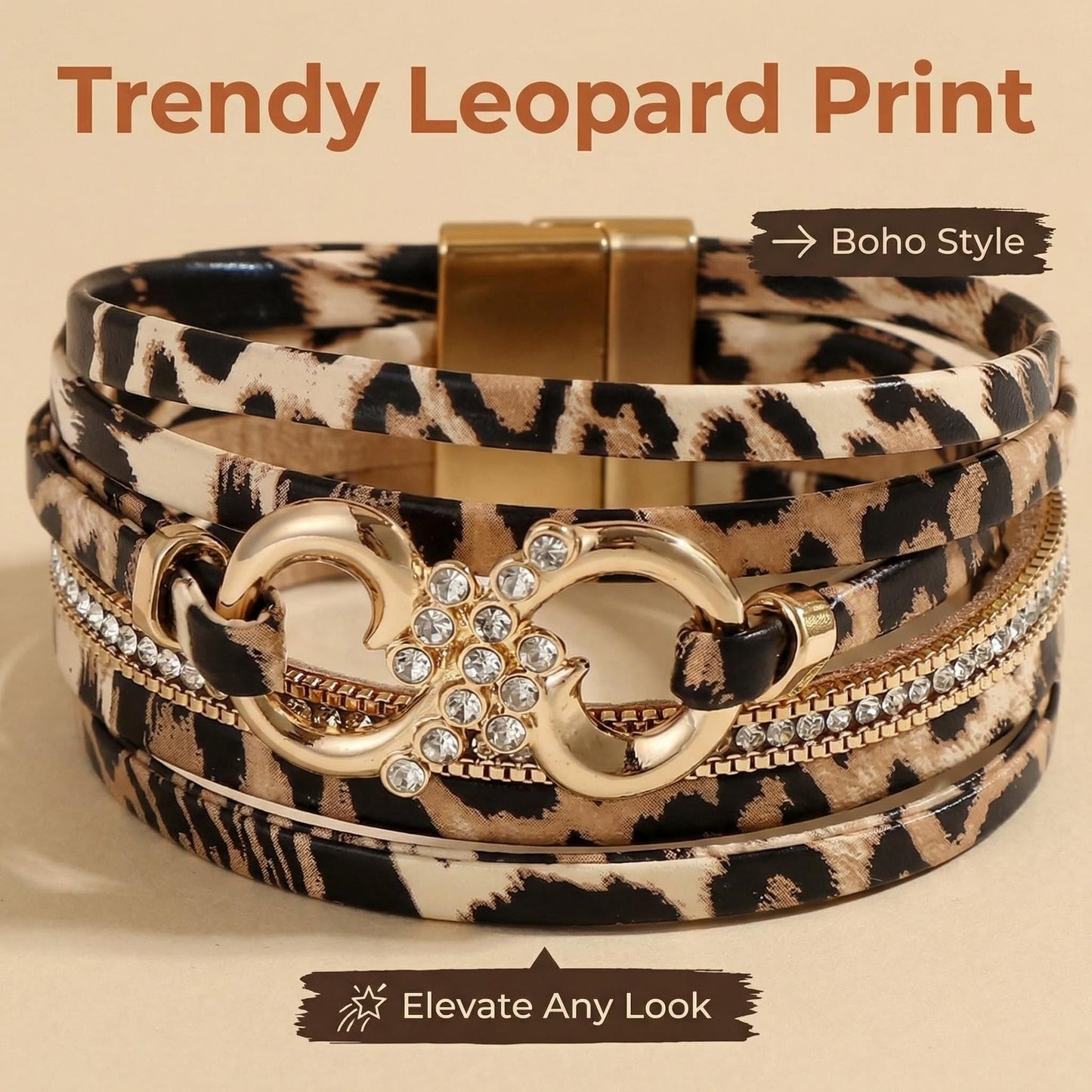 Hopeicy Leopard Bracelet for Women, Boho Leopard Print Wrap Bracelet with Rhinestone Gold Buckle, Magnetic Clasp Layered Leather Cuff Bracelet, Cheetah Print Jewelry Fashion Accessories Gift for Women