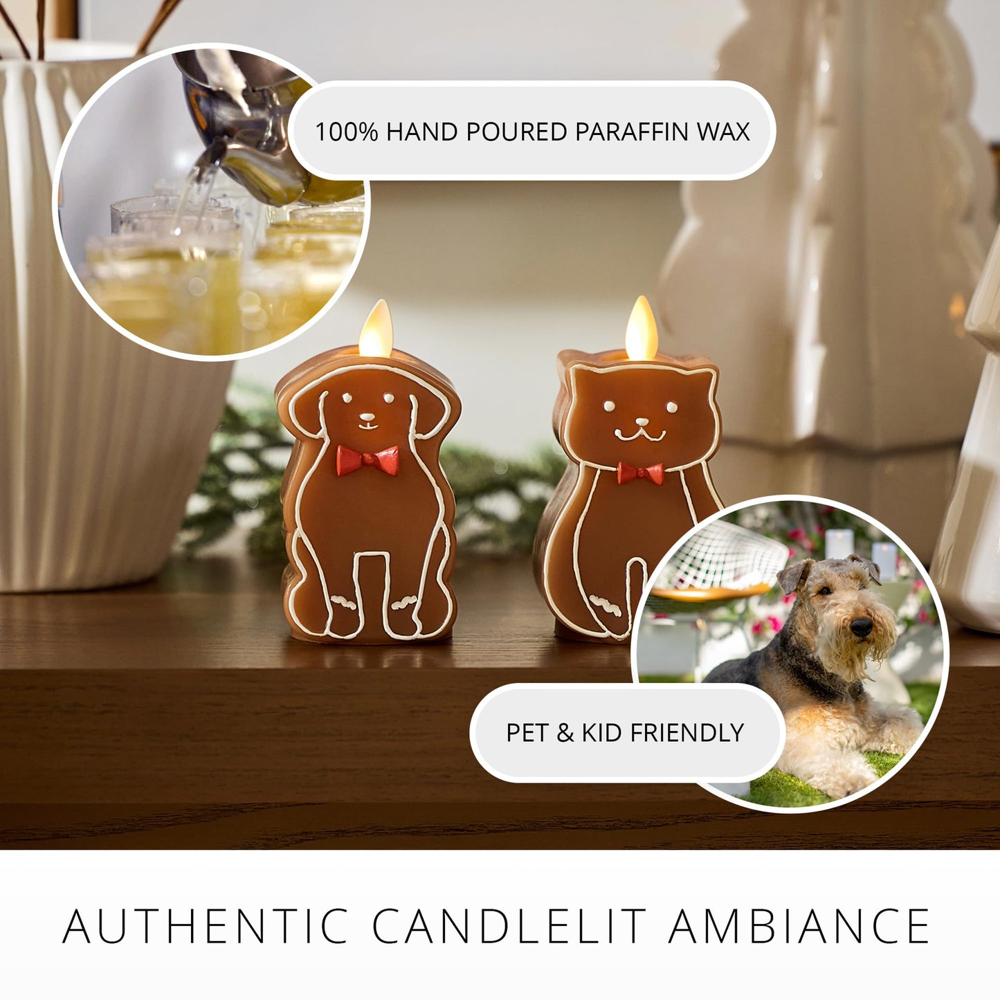 Luminara Flickering Flameless Candle 2.5" x 4.3", Battery Operated & Timer Function, Remote Ready (Sold Separately), Gingerbread Cat Moving Flame LED Light Figural Candle for Christmas Holiday Display