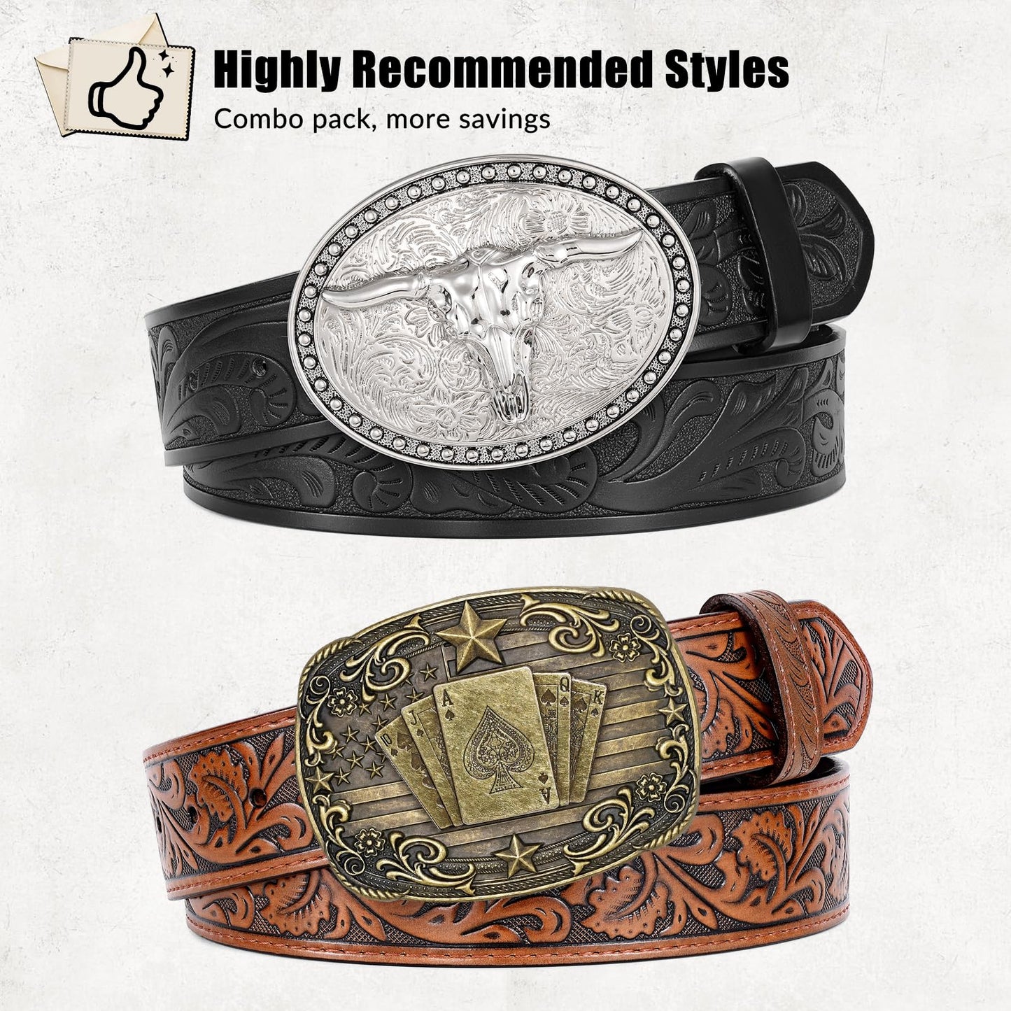 SANSTHS Western Belts for Men Women 2 Pack, Cowgirl Cowboy Belt Leather Straps with Buckle Set for Jeans, Bull Poker Black and Brown