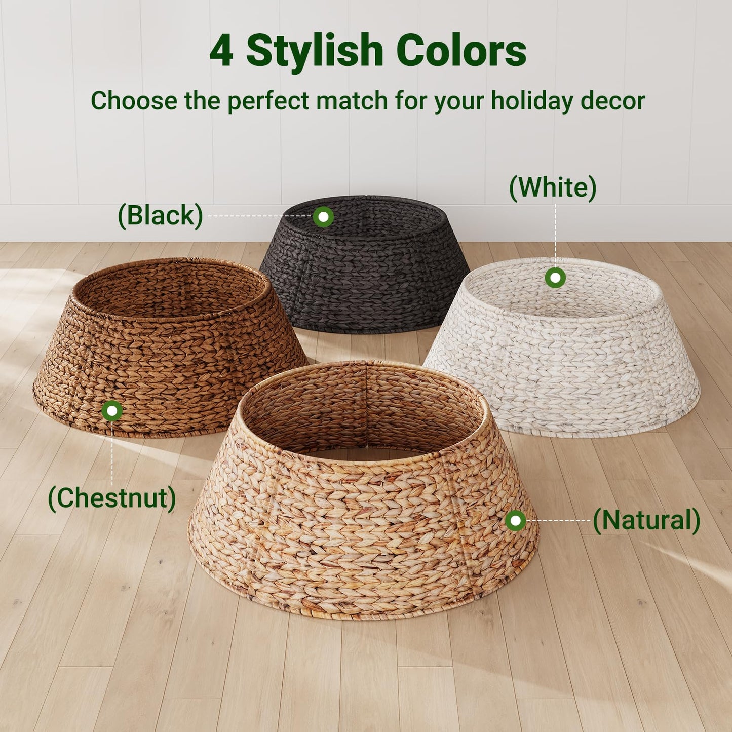 ELYKEN 28-Inch Woven Rattan Christmas Tree Collar, Stylish Hyacinth 5-Piece Tree Skirt for Artificial Trees, Wicker Tree Base Cover with Cord Cut-Out for Home Decor, Living Room Display, Black