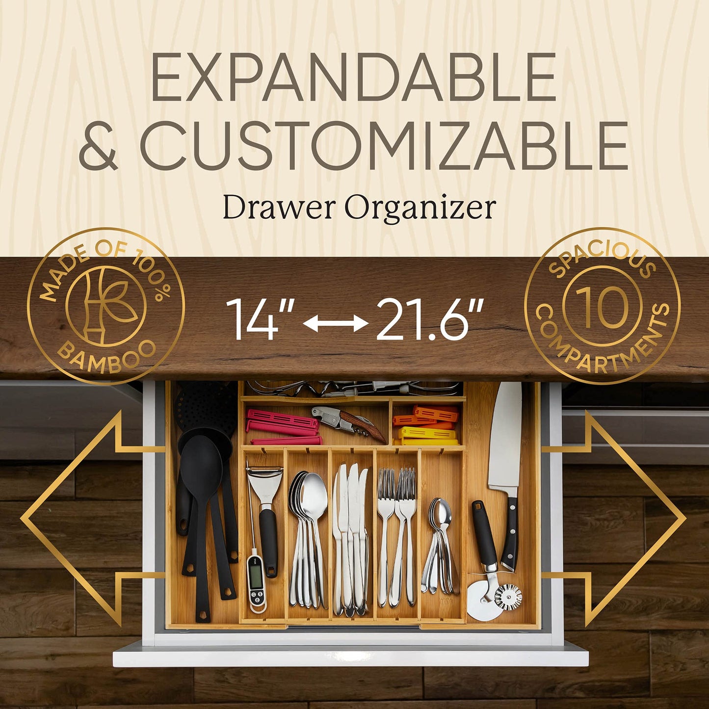 Night Tree 2.5” Extra Deep Silverware Drawer Organizer with Adjustable Dividers – Expandable Bamboo Flatware Tray for Kitchen, Reinforced Wood Cutlery Holder (14"-21.6" Wide)