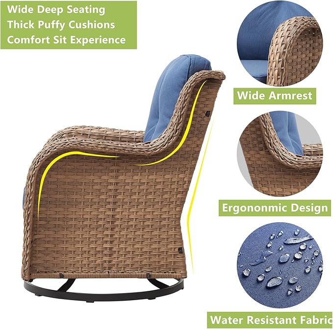 Rilyson Patio Chairs Rocking Swivel Chiar - 3 Piece Outdoor Wicker Patio Bistro Set Rattan Rocker Glider Chairs with High Back and Deep Seating for Outside Porch Deck Garden(Yellow/Blue)