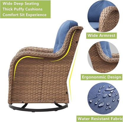 Rilyson Patio Chairs Rocking Swivel Chiar - 3 Piece Outdoor Wicker Patio Bistro Set Rattan Rocker Glider Chairs with High Back and Deep Seating for Outside Porch Deck Garden(Yellow/Blue)