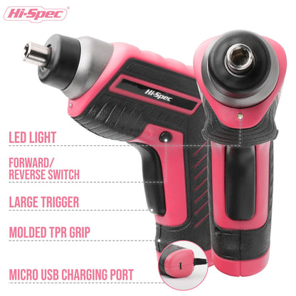 Hi-Spec 35pc Pink Tool Kit with 3.6V USB Electric Screwdriver and Drill Set. Complete Women Tool Set