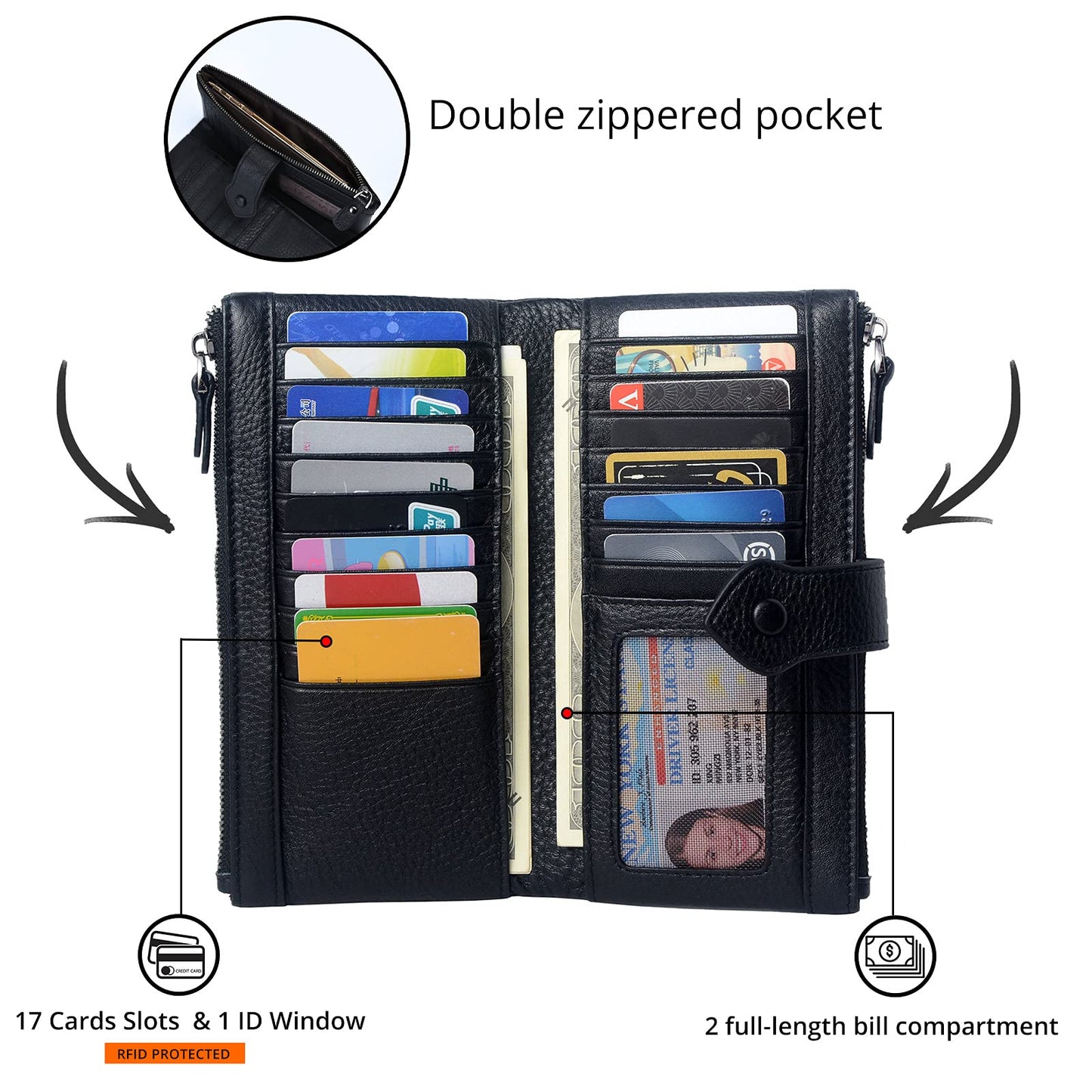Bveyzi Women Soft Leather RFID Blocking Bifold Slim Wallets Ladies Credit Card Holder Double Zipper Pocket(Black)