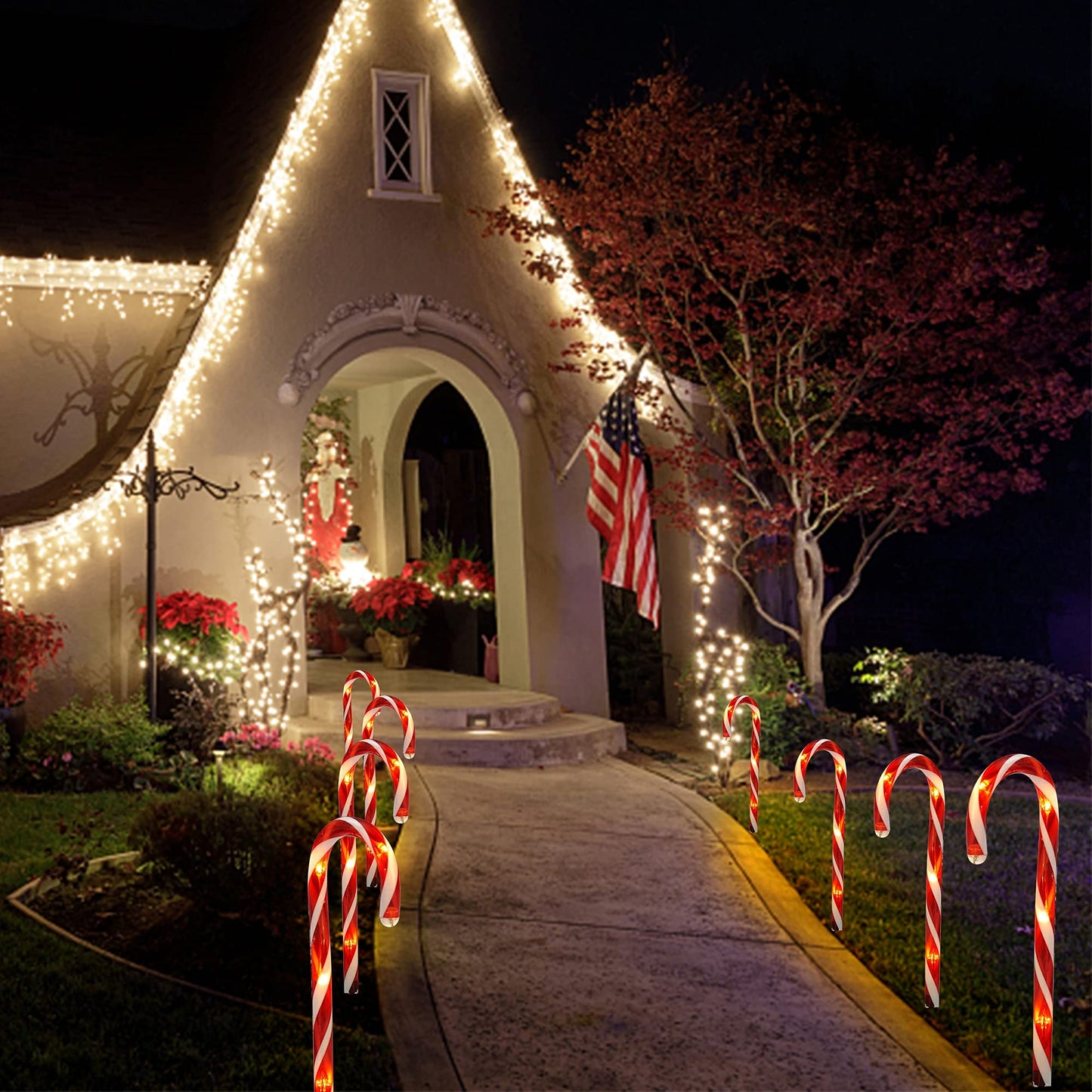 Biswing Christmas Outdoor Candy Cane Lights, 12 Pcs Christmas Pathway Markers with 72 Count Warm White Lights, Connectable for Indoor Outdoor Holiday Walkway Patio Garden Ornament
