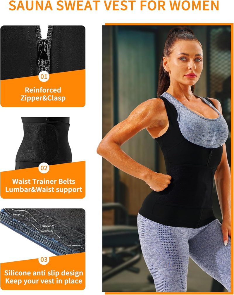 Sauna Vest for Women - Heat Trapping Waist Trainer Workout Sweat Vest with Zipper | Comfortable Fit