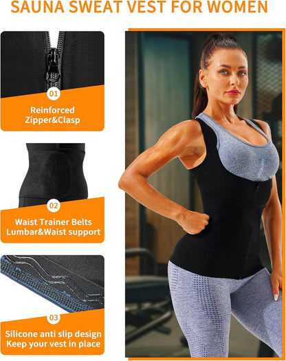 Sauna Vest for Women - Heat Trapping Waist Trainer Workout Sweat Vest with Zipper | Comfortable Fit