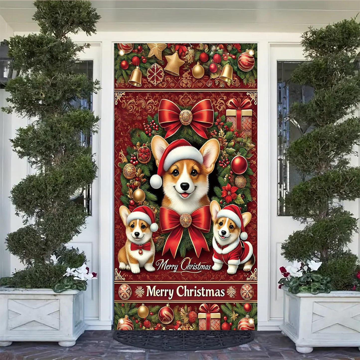 Saoplasa Christmas Corgi Door Cover Decoration 71 x 35 Inch Red Festive Banner with Cute Santa Dog Design and Holiday Wreath for Merry Christmas Wall Decor Party Welcome Backdrop Sign
