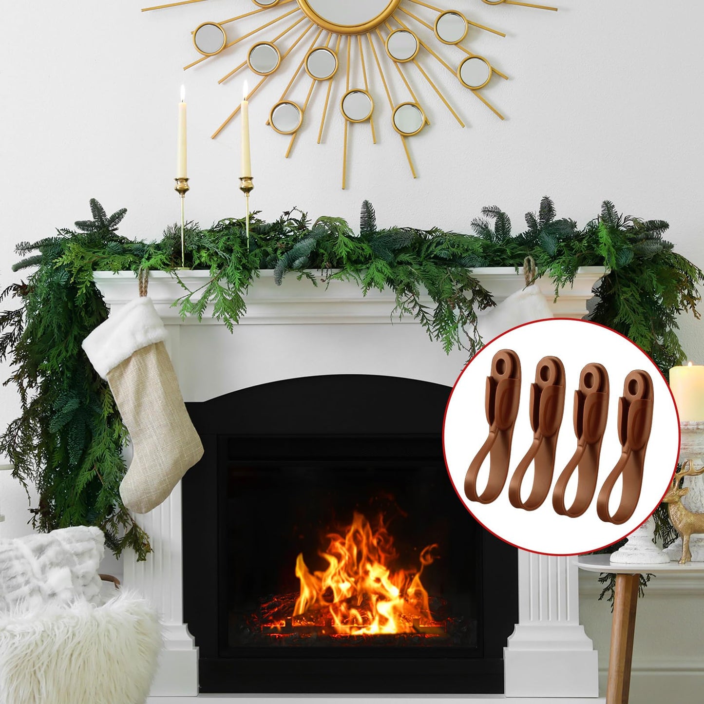 Relaxweex 24 Pcs Garland Hanger for Mantle No Drill Garland Hangers Hooks Wreath Ties Fireplace Stocking Holder Stretchable Silicone Adhesive Straps for Door Frame Stairways (Brown)