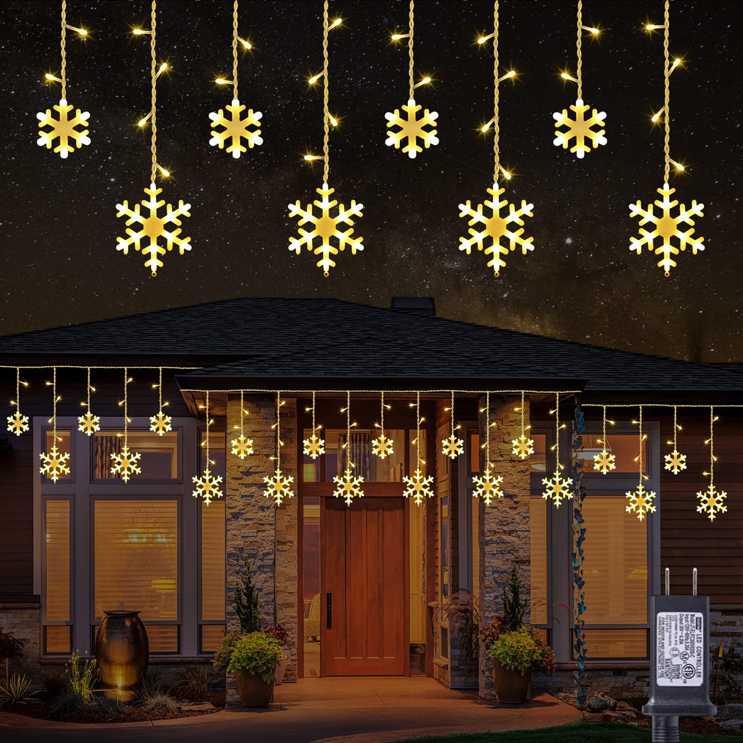 Christmas Snowflake Lights Outdoor, 17.22ft 264 LED Snowflake Icicle Lights with 22 Drops, 8 Modes connectable Plug In Christmas Light Waterproof for Eaves, Garden, Indoor & Outdoor Decor (Warm White)