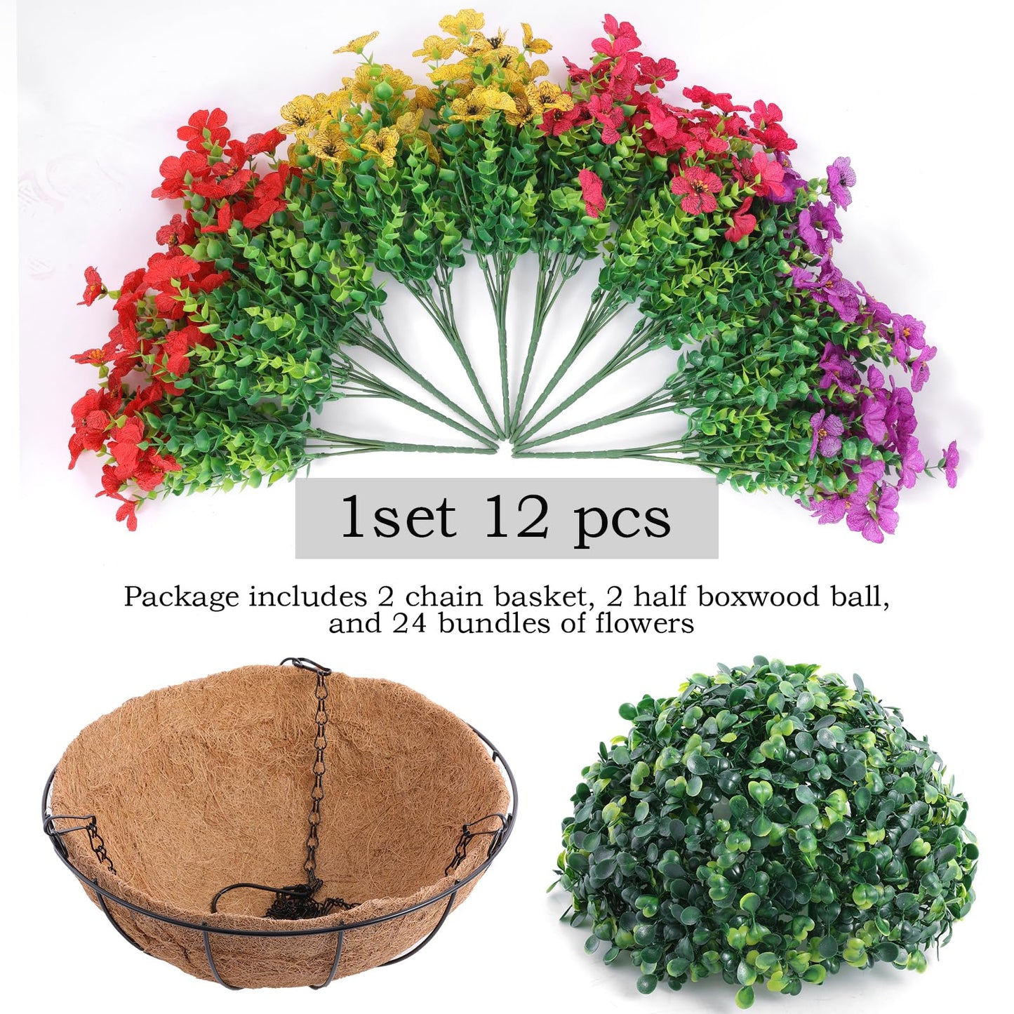Hananona 2 Set Artificial Outdoor Flowers with Hanging Basket, 2 Hanging Planters with 24 Pcs Flowers for Spring Summer Front Porch Garden Patio Home Decor (2, Red, Purple, Yellow, Rose Red)