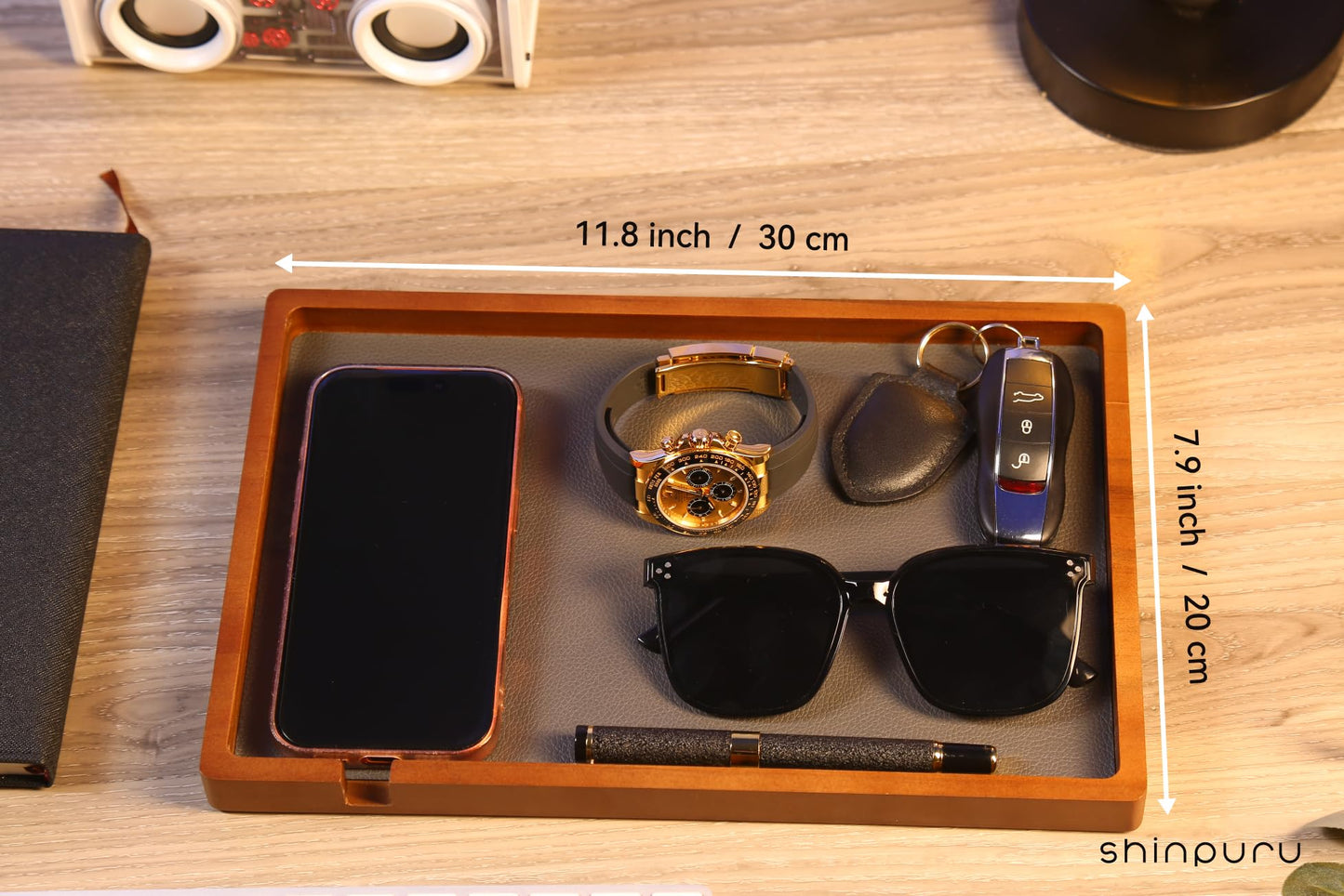 Shinpuru Wooden Valet Tray for Men, Nightstand Organizer with Leather Inlay, EDC Essentials Catchall Tray for Keys, Phone, Wallet, Watch, Earbuds - Bedside Desk Entryway Tray (Wood-Full)