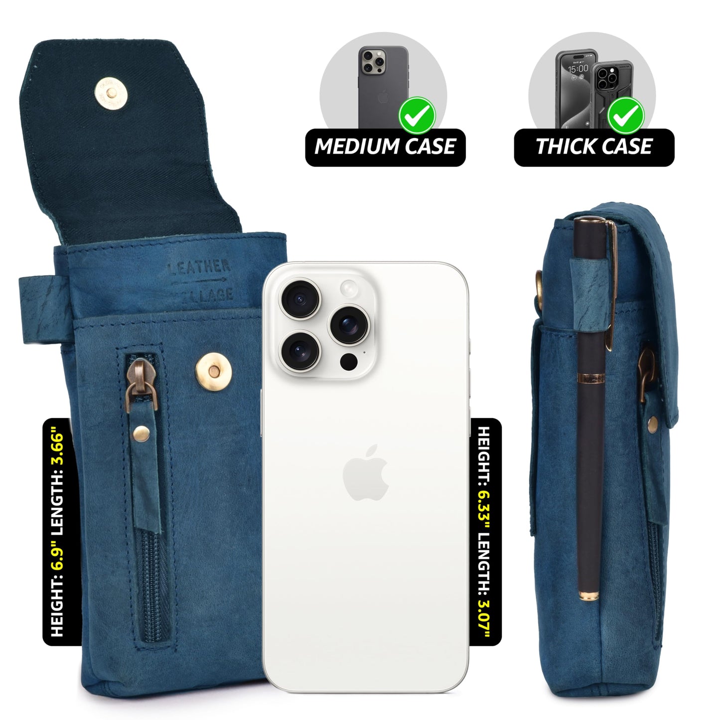 Leather Village Genuine Leather 7”x3.5” Phone Holster Pouch with Belt Clip, Magnetic Closure, ID Card Holder - Blue Universal Case for iPhone, Samsung Galaxy, Google Pixel