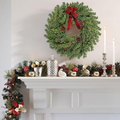2PC Real Touch Pine Christmas Wreath 24 Inch Christmas Wreaths for Front Door Winter Wreath Artificial Green Wreaths Outdoor Christmas Decorations Indoor Outside Window Home Holiday Thanksgiving