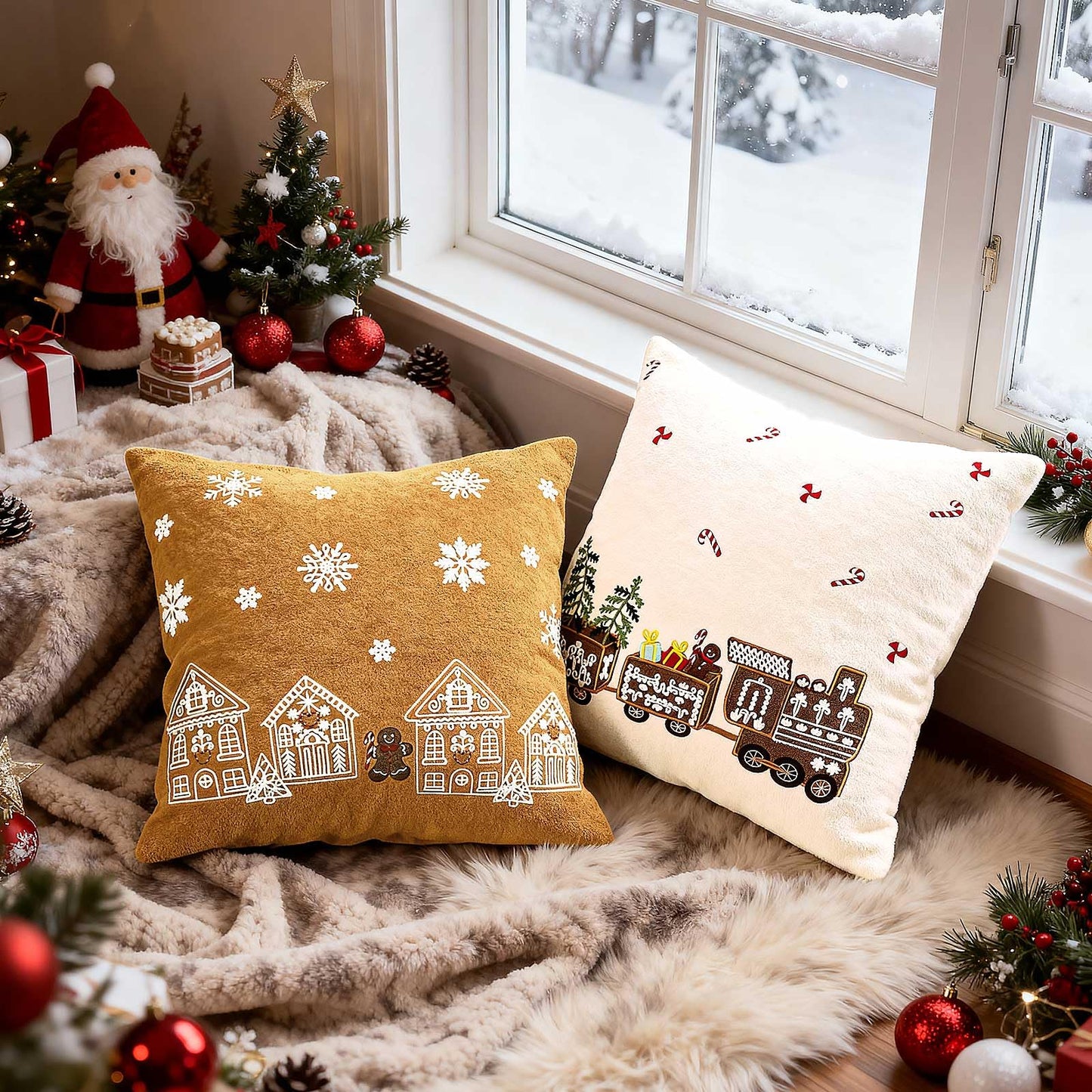 Lanpn 18x18 Christmas Pillow Covers Set of 2, Embroidery Gingerbread Man House Decorative Holiday Pillowcase Pillow Case Cushion 18 x 18 for Indoor Home Bedroom Sofa Couch Xmas Decor
