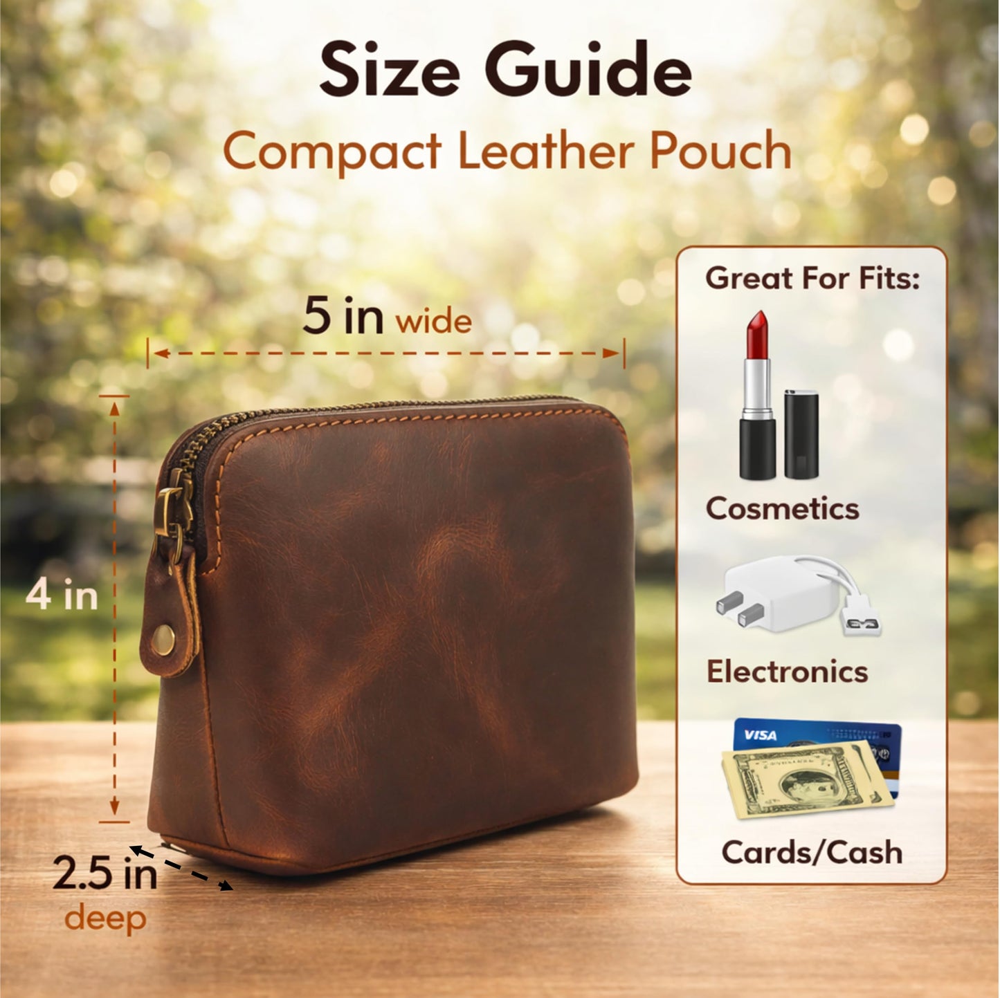 TheAntiq Full Grain Leather Cosmetic Bag – Zippered Makeup Pouch for Women, Small Travel Toiletry & Organizer Pouch for Purse, Premium Handmade Leather (5 × 4 × 2.5 in)