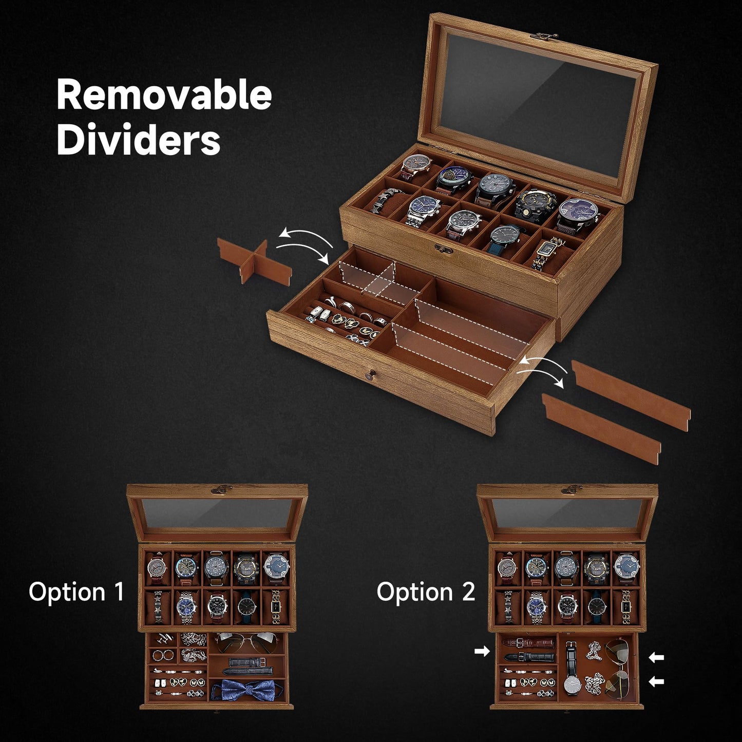 GALHUBIS Watch Box with 10 Slots, 2-Tier Watch Case for Large Dial Watches, Watch Display Case with Lid, Removable Watch Pillows, Gifts for Men Women, Watch Organizer with Drawer, Jewelry Box, Walnut