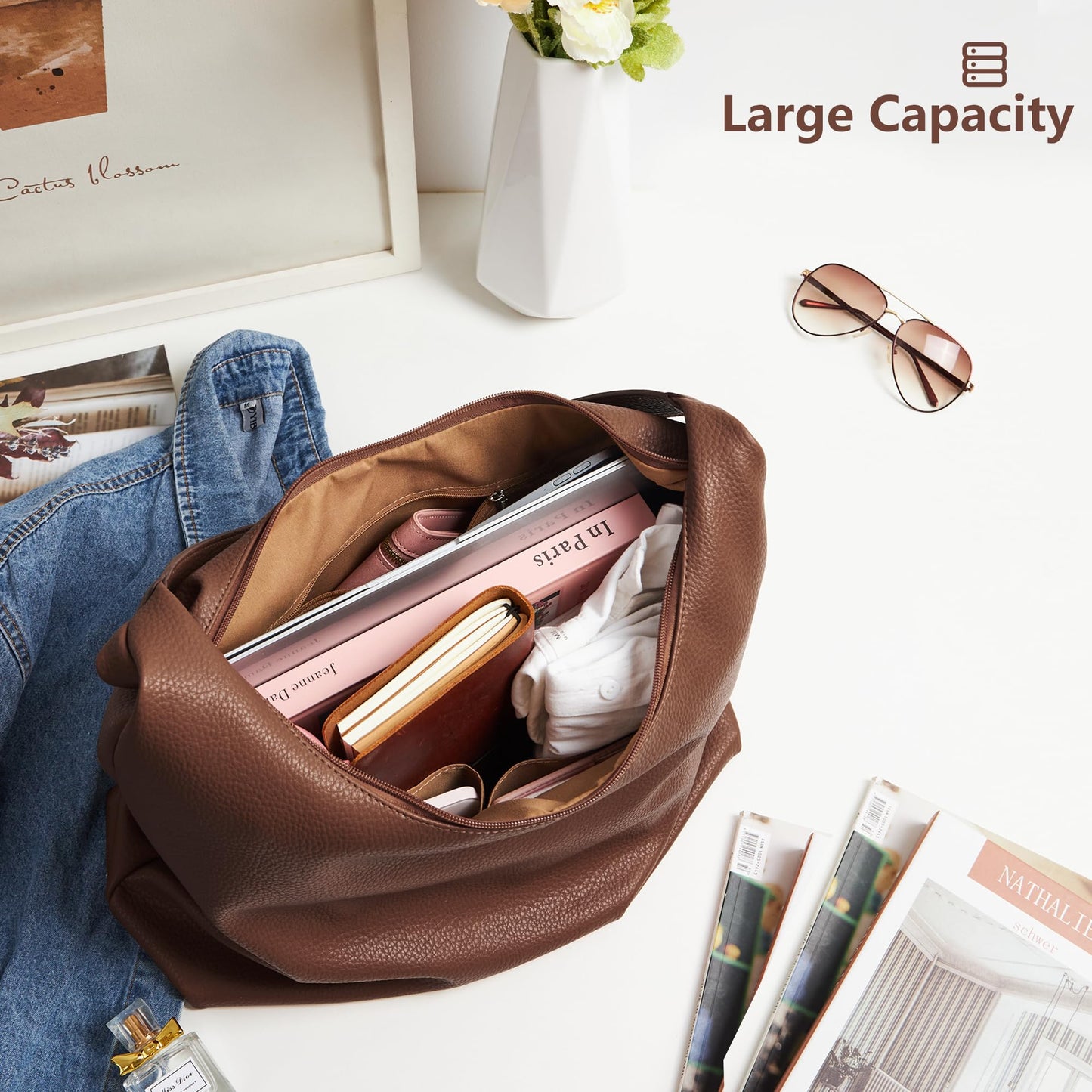 KALIDI Casual Tote Bag Vegan Leather Hobo Zipper Work Bag Weekender Shoulder for Women Shoulder Travel Purse (Dark Coffee)