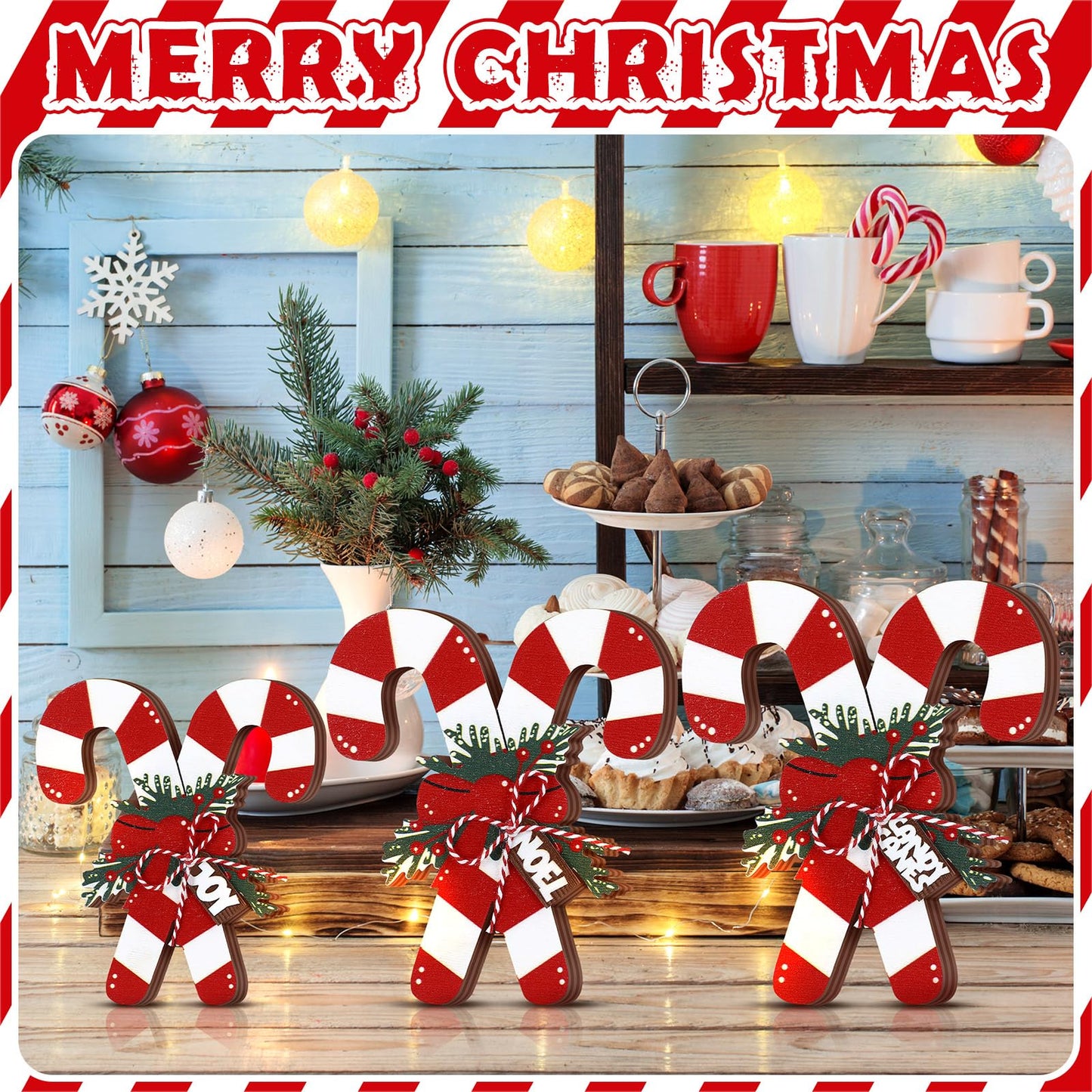 Kasyat 3 Pack Christmas Candy Cane Table Decor Christmas Wooden Decorative Sign Red and White Stripes Candy Cane Xmas Tiered Tray Decor Farmhouse Table Centerpieces Block Set for Home Shelf