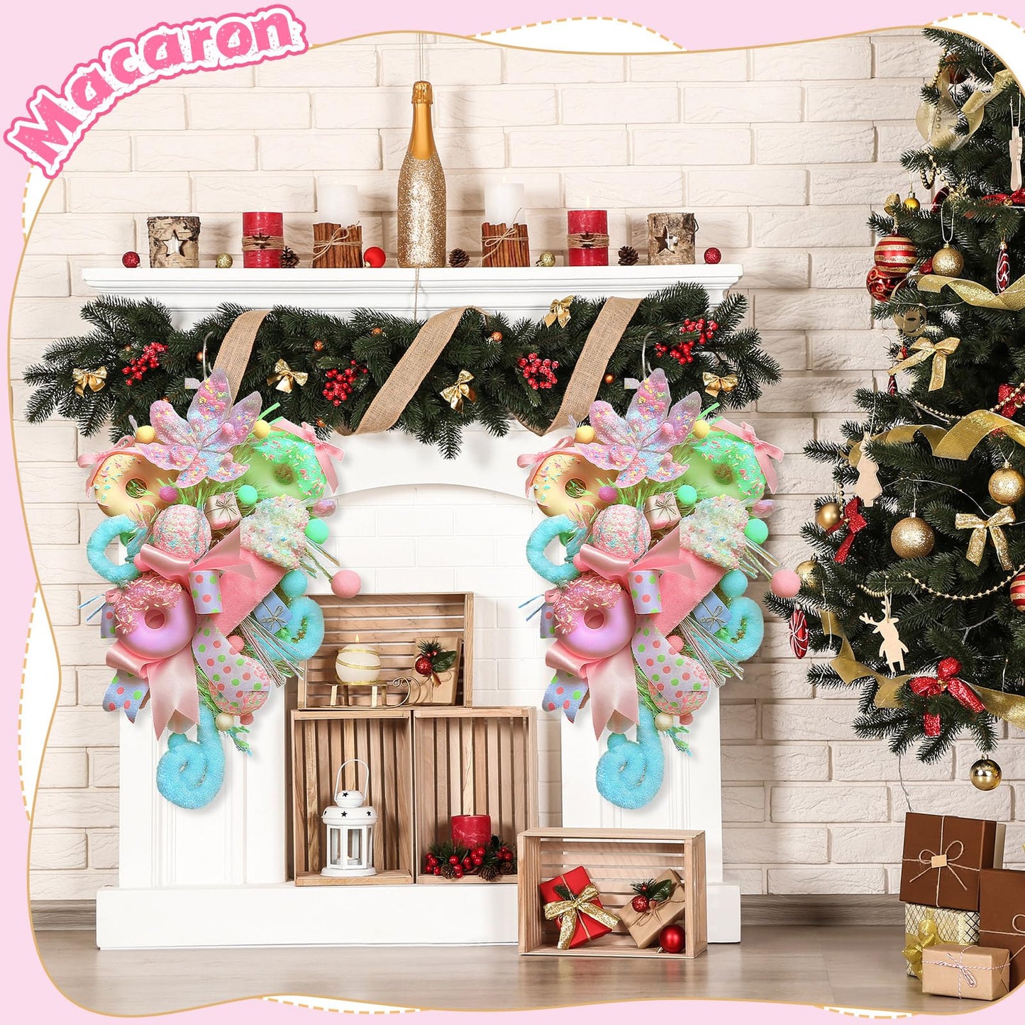Retrowavy 18 Inch Pastel Christmas Teardrop Swag Decoration Xmas Candy Cane Tear Drop Swags Wreath with Ribbon Lollipop Sweet Donut Ice Cream Cake Curly Stem for Front Door Wall Fireplace Holiday