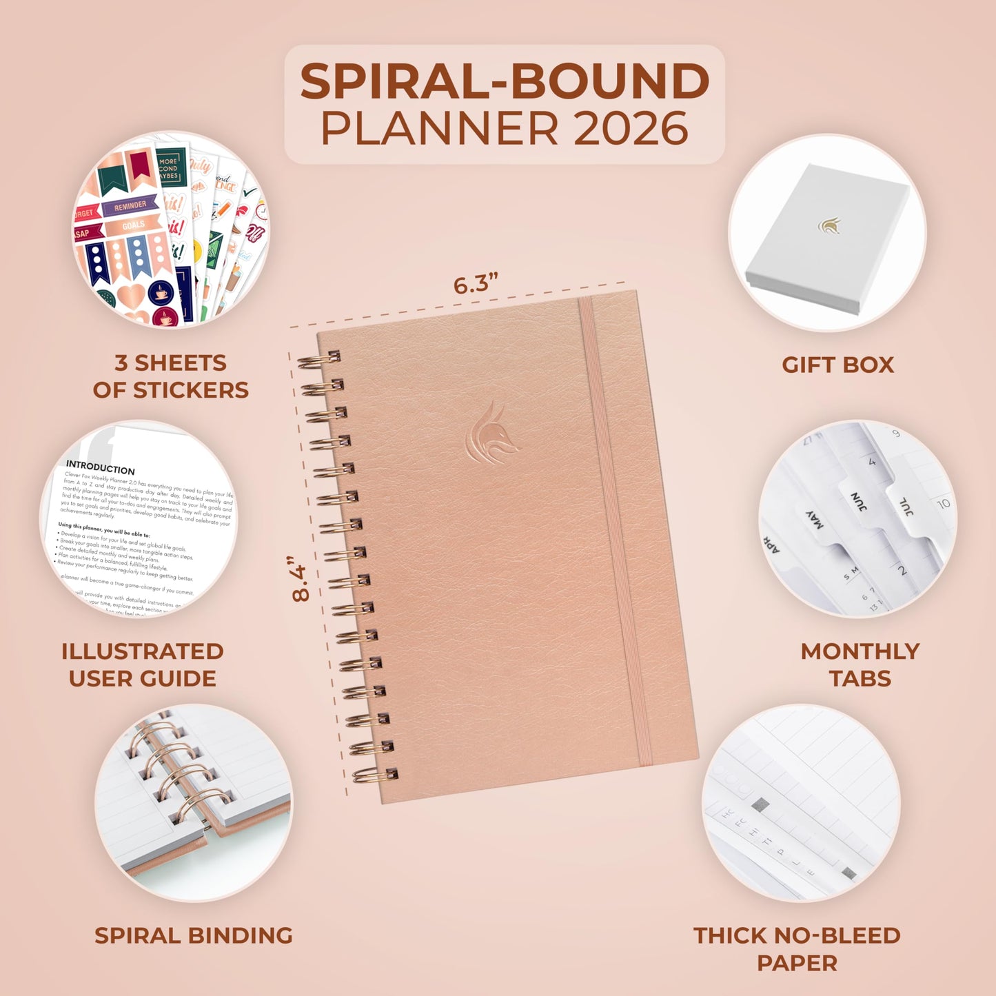 Clever Fox Dated Planner with Tabs 2026 – Weekly & Monthly Spiral Planner with Habit Tracker for Goal Setting & Time Management (Rose Gold)