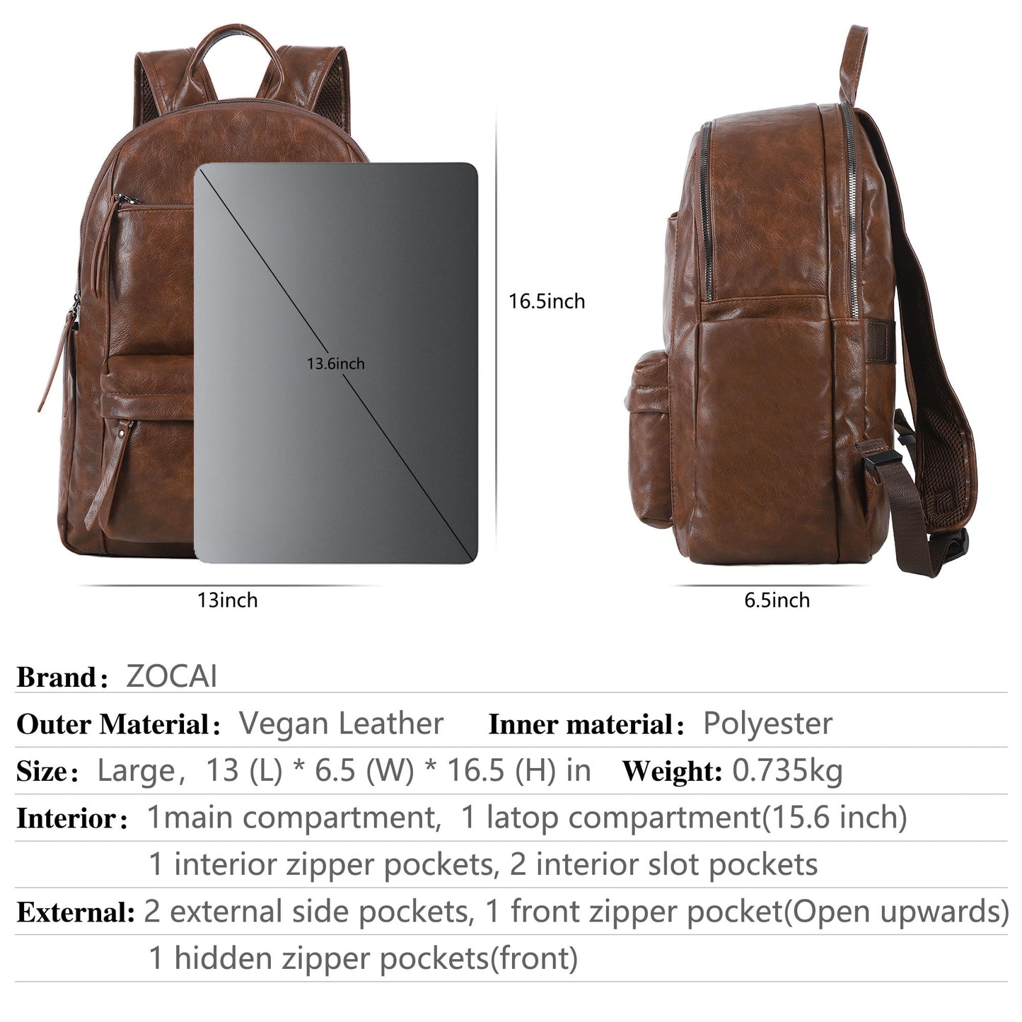 ZOCAI Large Leather Backpack Purse for Women – Vegan Retro Leather Travel Backpack for Women with Compartment, Multiple Pockets Roomy Large Capacity Daypack for Work Traveling.