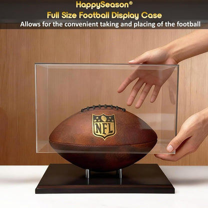 Football Display Case - Clear Acrylic Holder with Walnut Wood Base | Full Size Autograph Stand, No Assembly Required