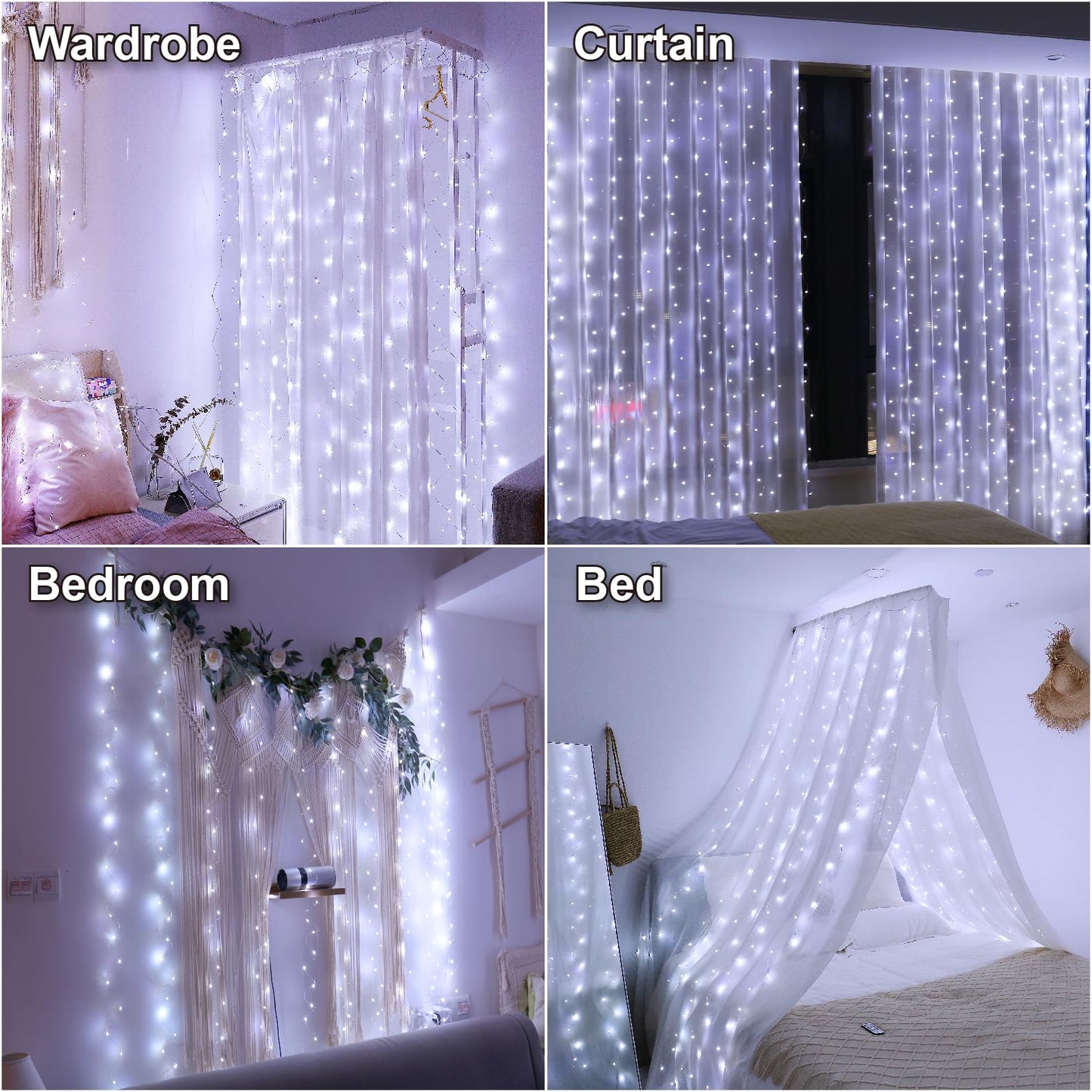 HXWEIYE 300LED Fairy Curtain Lights, 9.8x9.8Ft USB Plug-in 8 Modes Christmas String Hanging Lights with Remote for Bedroom Backdrop Wedding Indoor Wall Decor, White, Standard – 1 Pack