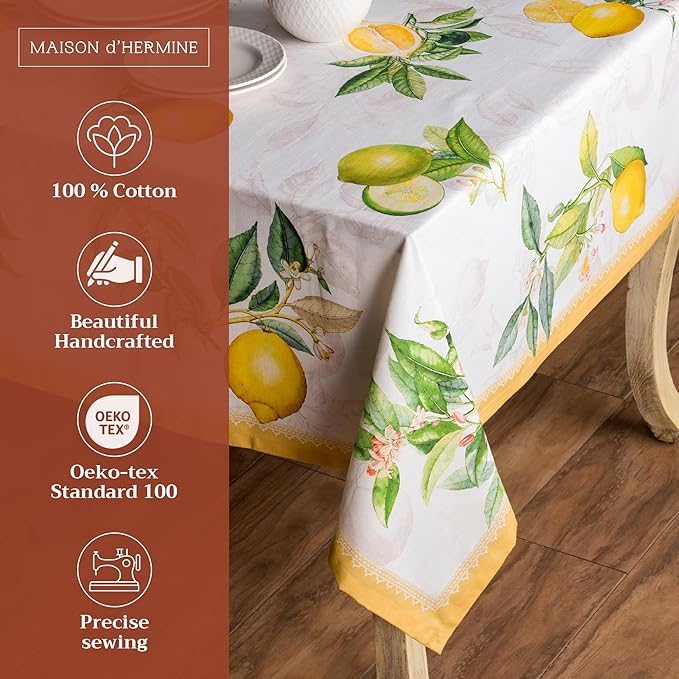 Maison d' Hermine Table Cloth Square Table 100% Cotton 60 x 60 Inches Tablecloth Reusable Decorative Everyday Use for Dining Room, Farmhouse, Home, Party, Festive & Wedding Spring Summer - Limoncello