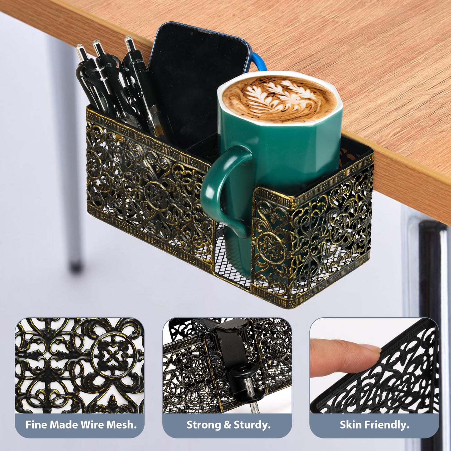 Aurynns Desk Organizer Clip on Desk Cup Holder Pencil Holder for Desk Storage Beverages Phone Holder Desk Organizer and Accessories Office School Home