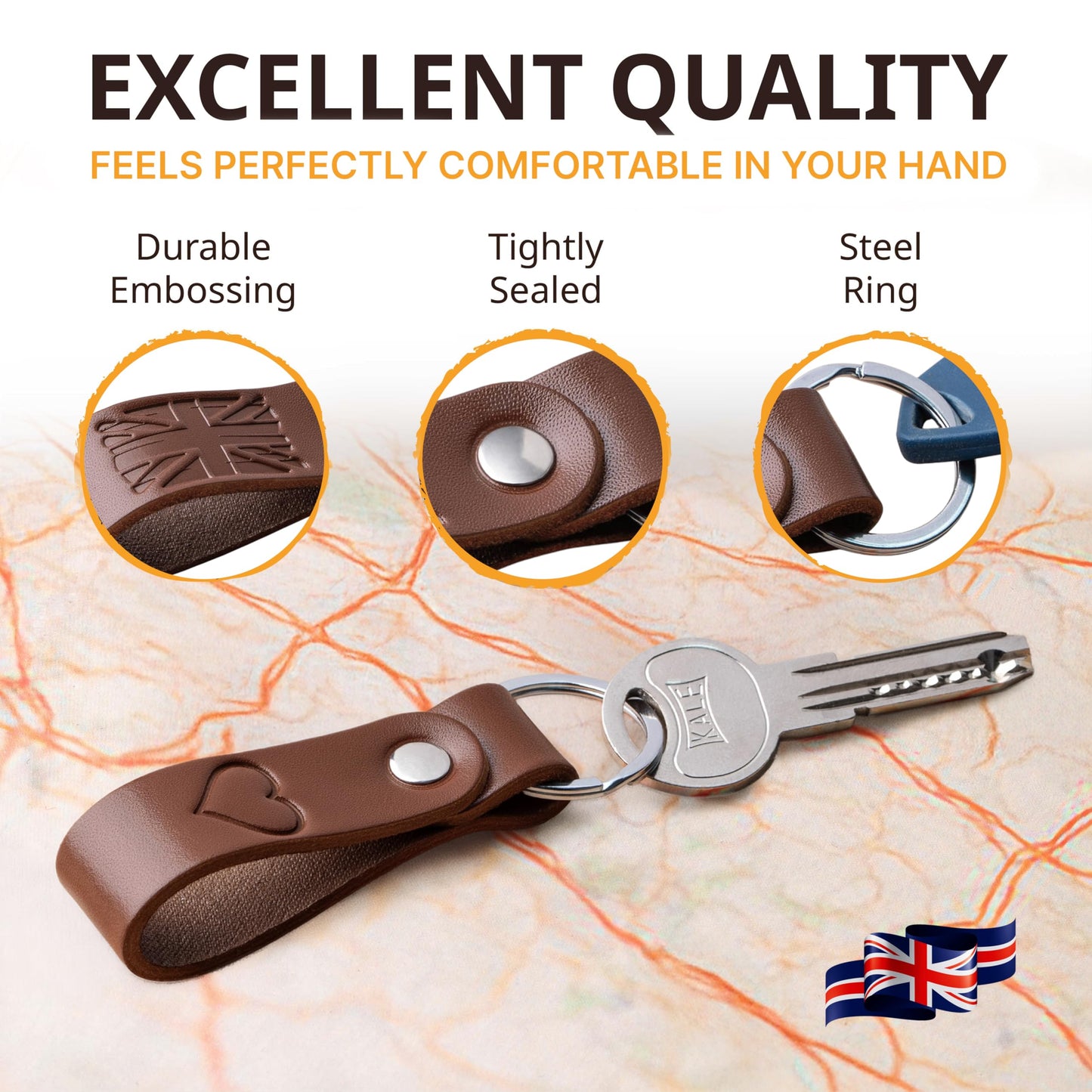 MAGOR Handmade Full Grain Leather Keychain Personalised Keychain for Men Women Car Key Ring Gift for Him Her Dad Mom Premium Brown Leather Keyring Hot Embossed Design (Heart)