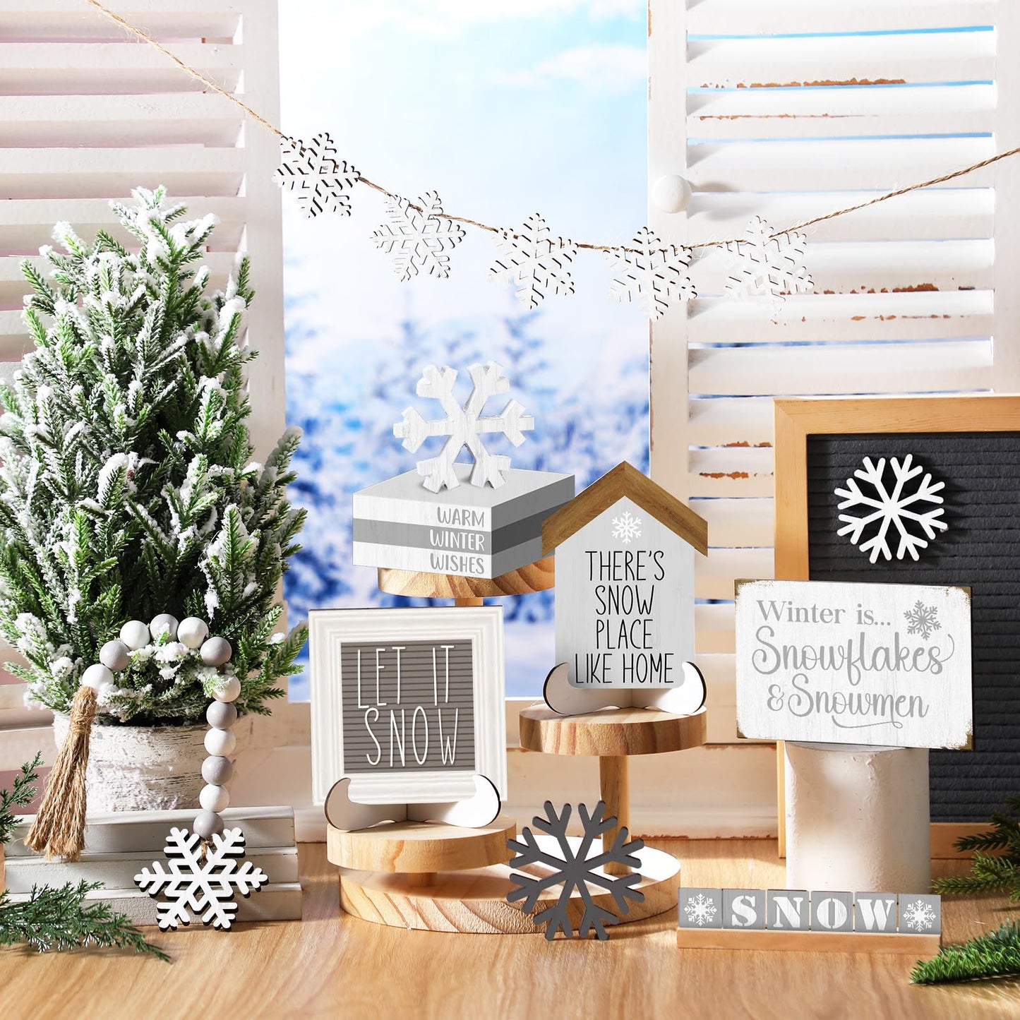 GlikCeil 19 Pcs Winter Tiered Tray Decor Snowflakes Wood Rustic Decoration Tiered Sign Table Centerpieces Without Tray for Tabletop Shelf Winter Xmas Home Party Gifts(Farmhouse)