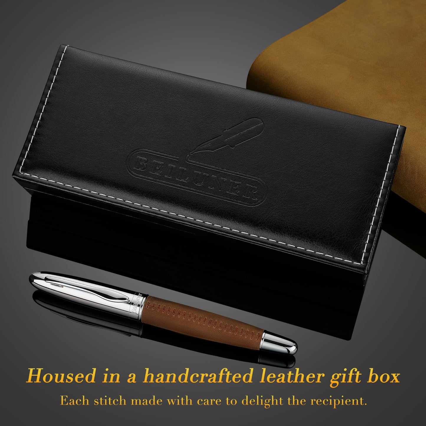 BEILUNER 318 Luxury Leather Pen, Full Grain Oil Tan Crazy Horse Cowhide Leather, Chrome-Plated Finish, Schmidt Ink Refill, Best Rollerball Pen Gift for Men & Women,Executive, Professional, Nice Pens