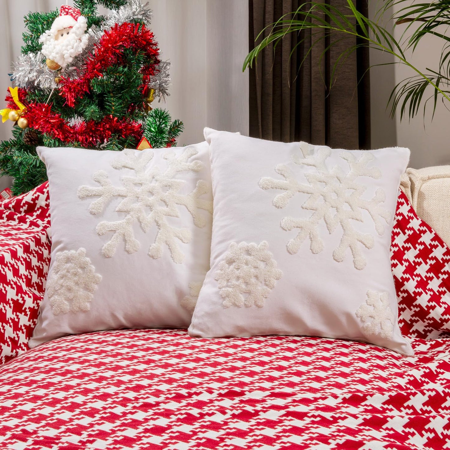 Elife 18x18 Soft Canvas Christmas Winter Snowflake Style Cotton Linen Embroidery Throw Pillows Covers w/Invisible Zipper for Bed Sofa Cushion Pillowcases for Kids Bedding (1 Pair, White)