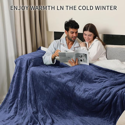 Electric Blanket King, Dual Control Heated Electric Blanket King Size with Flannel & Sherpa, Machine Washable Plush Heated Blanket 5 Heating Levels & 10 Hours Auto Off, 100" x 90", Navy Blue