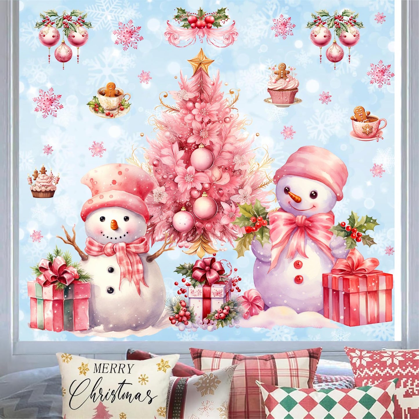 Pink Christmas Window Clings Removable Snowman Static Decals Indoor Home Decoration Double-Sided Xmas Tree Stickers for Glass Winter Pine Tree Snowflakes Cling for Living Room Holiday Party Supplies