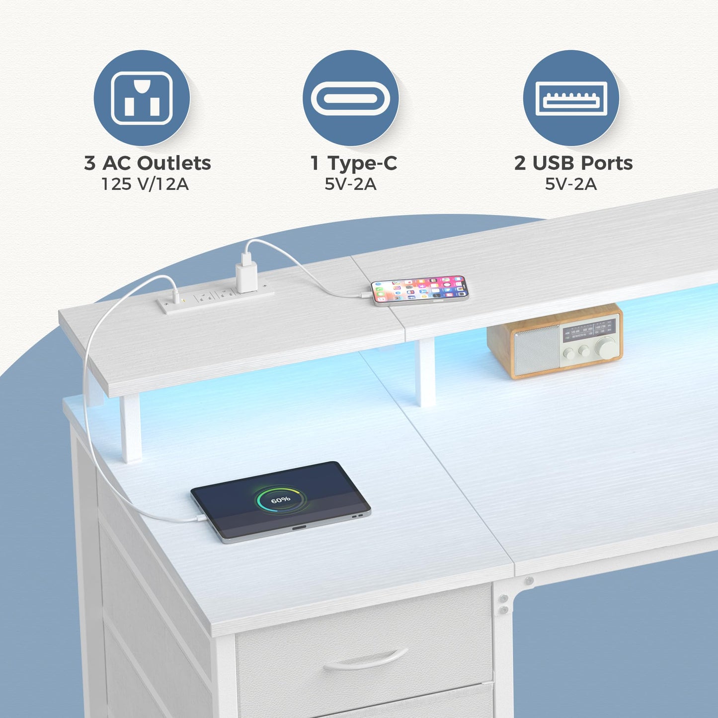 DUMOS 40 Inch Computer Desk with 4 Drawers,4 Drawer Gaming Desk with Power Outlets and LED Lights,Office Desk for Small Spaces with Monitor Shelf,Writing Desk for Home Office,Bedroom, Study,White