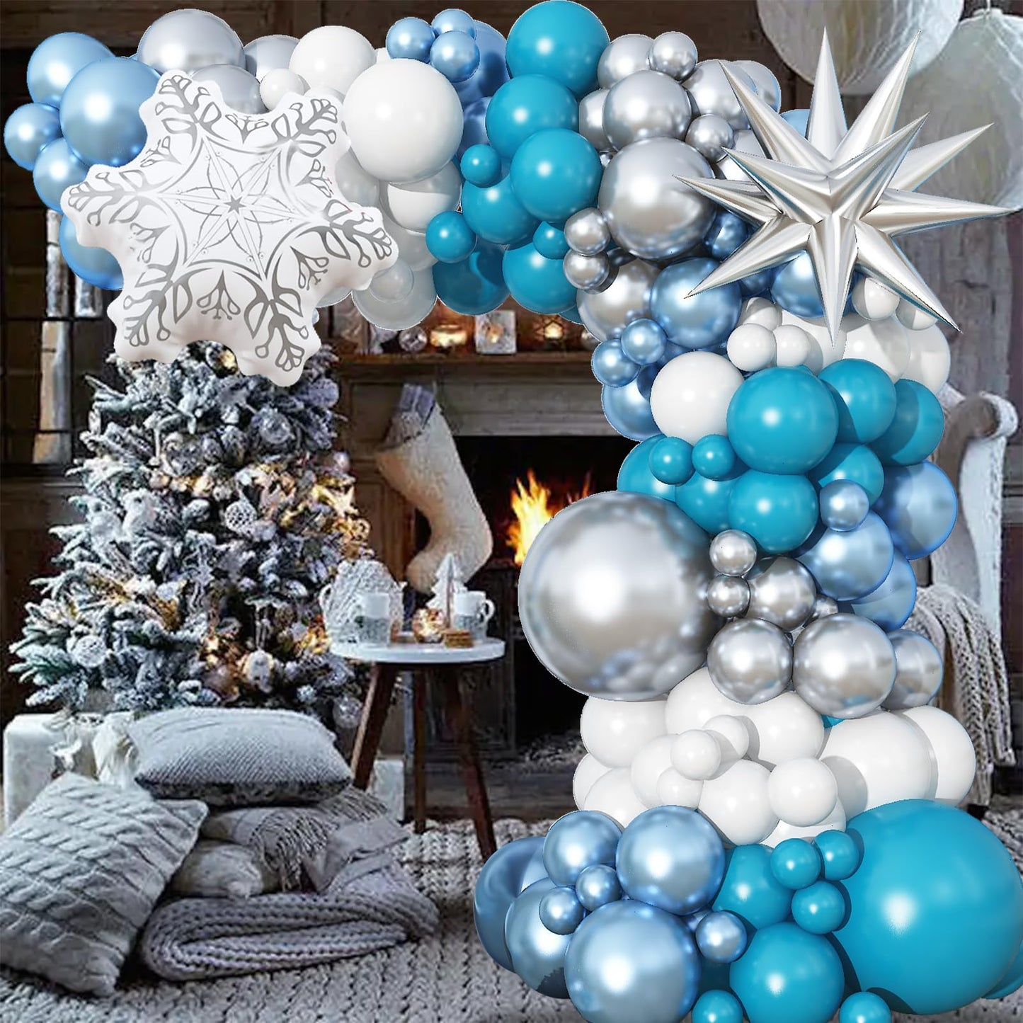 Blue White Snowflake Balloons Arch Metallic Blue Silver Balloon Garland Winter Onederland Princess Birthday Party Decorations Peacock Teal Latex Helium Balloons Explosion Star New Year Christmas