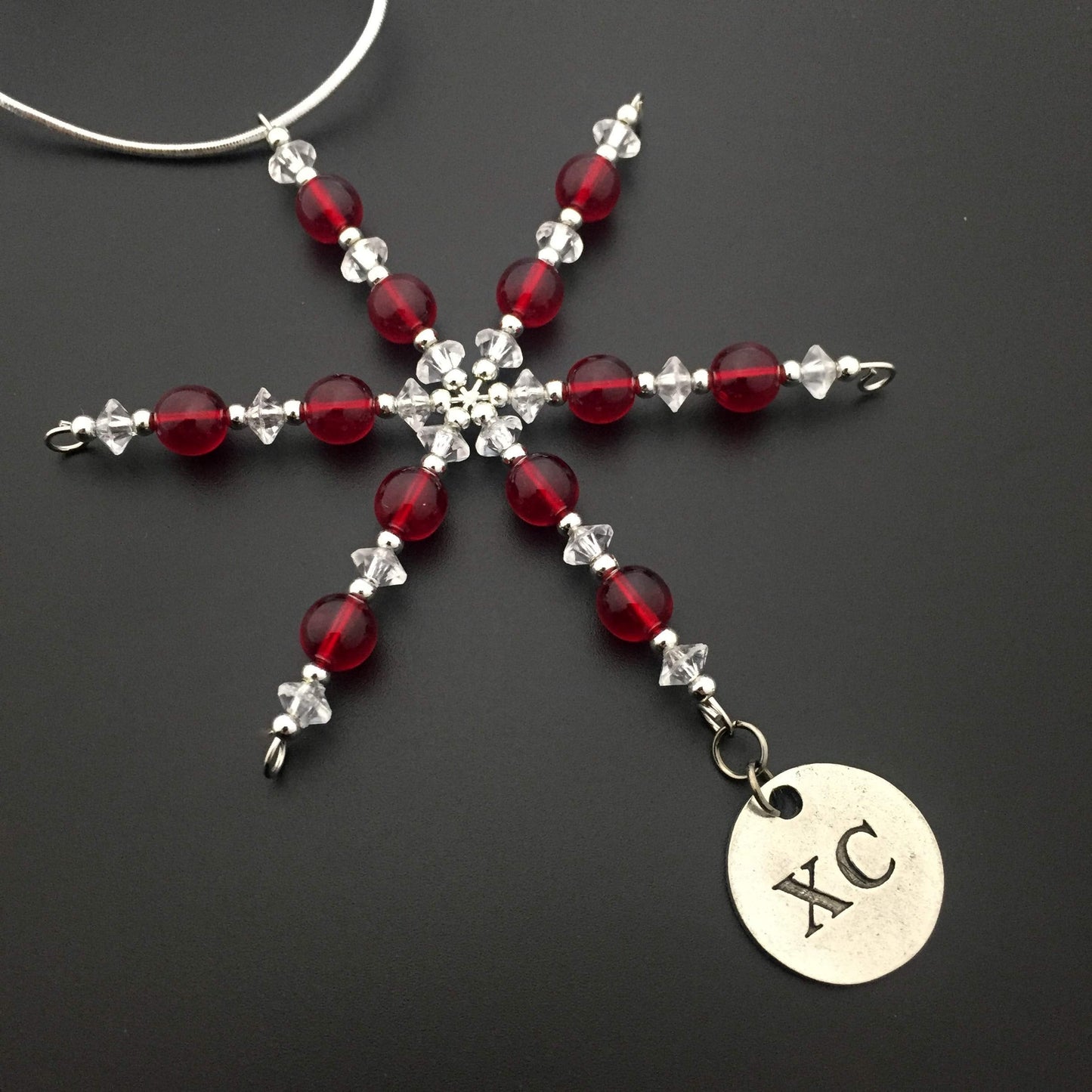 XC Ornament - Beaded Snowflake XC Cross Country Christmas Ornament/Gift Tag with Round Pewter XC Charm with Jewelry Box - Handmade with Red Vintage Beads