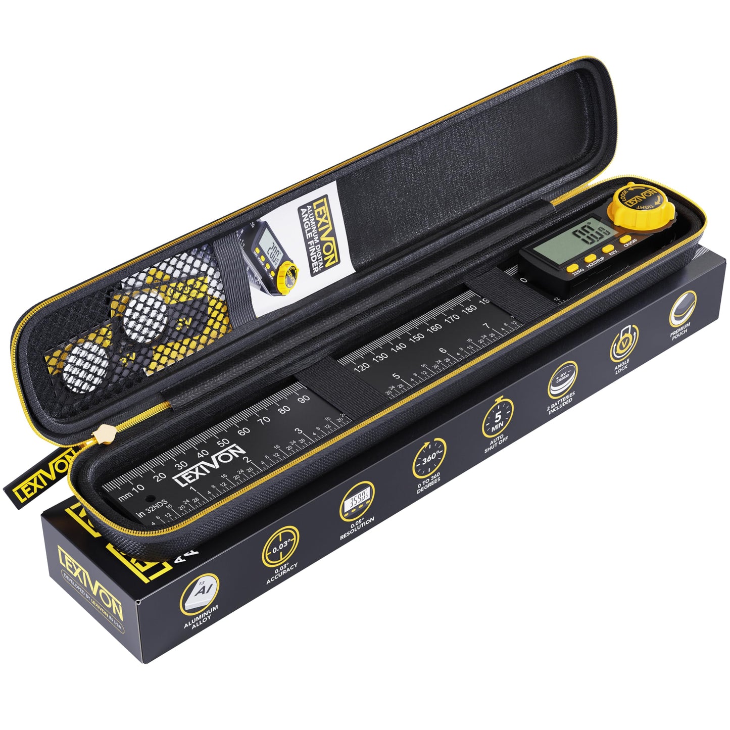 LEXIVON Aluminum Digital Angle Finder Gauge, 10-inch/250mm Multi-Purpose Protractor, Includes XL Display and Rugged Zippered Pouch (LX-DAF10)