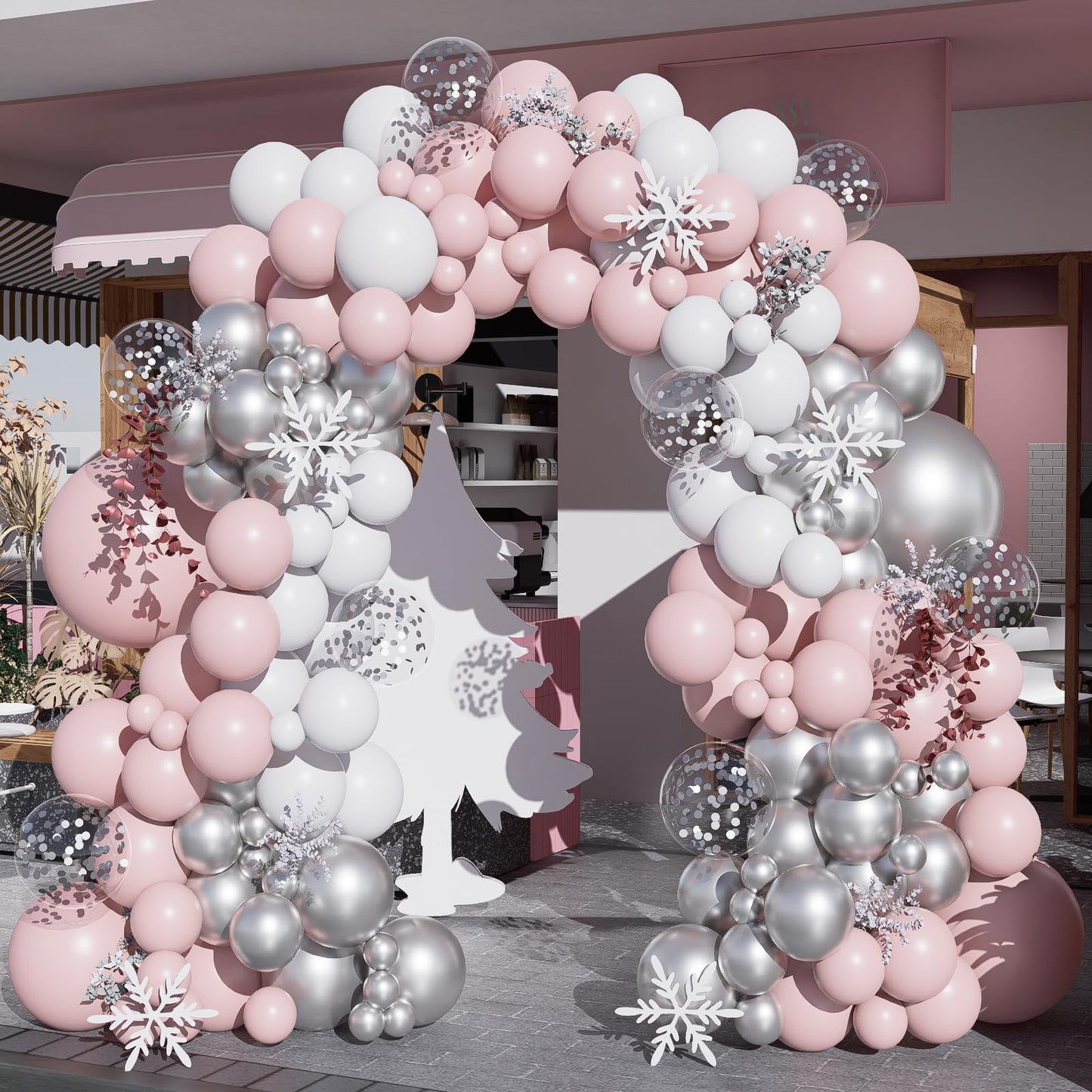 Pink White Silver Balloons Arch Kit, 154pcs Pink Winter Wonderland Balloons Garland Kit for Girls Princess Snowflake Theme Wedding Baby Shower Birthday Christmas Party Decorations