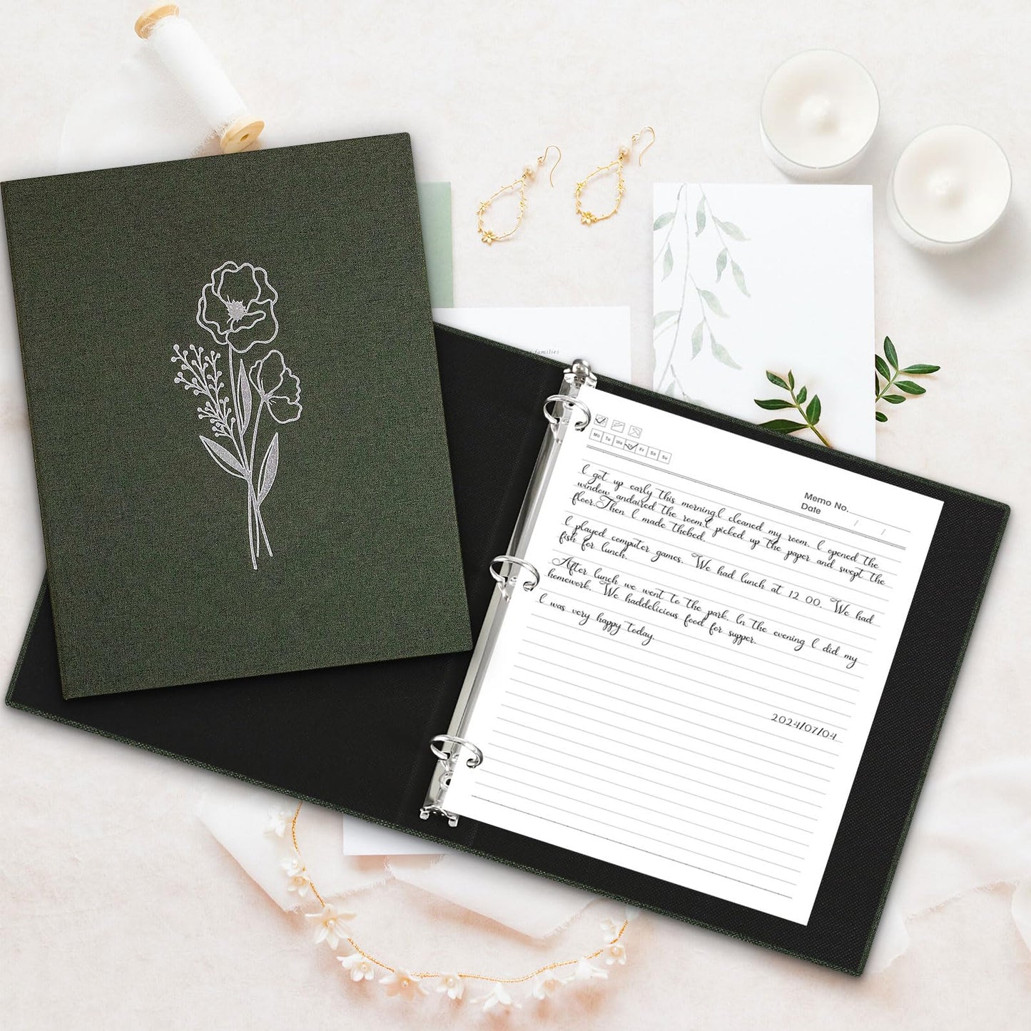 Lanpn Aesthetic Letter Size A4 3 Ring Binder 2 Packs, Linen Hardcover 1 inch Round Rings Folder Holder Planner Fits 8.5" x 11" Paper for Office School Journaling Collections (Green)