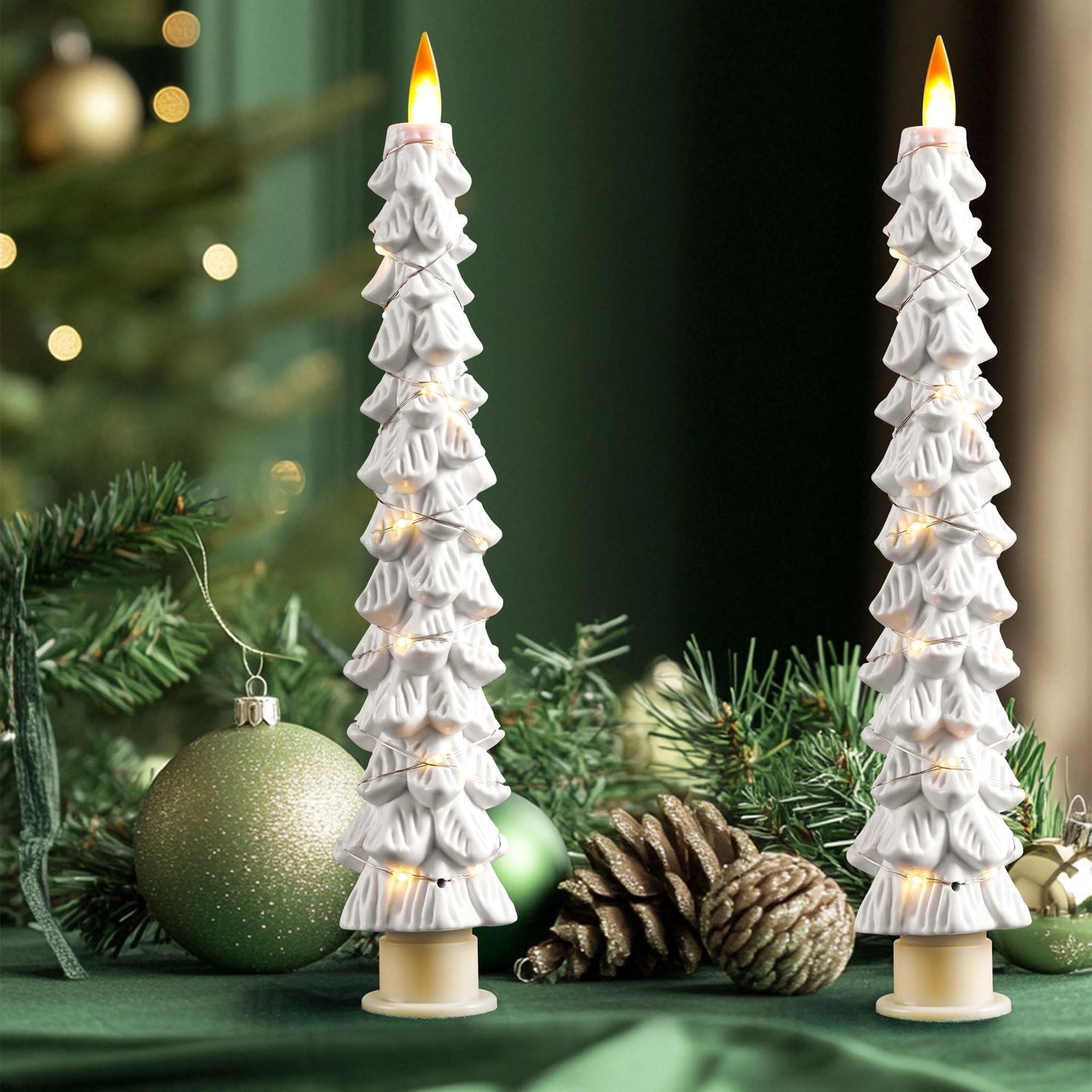 2 Pack White Christmas Tree LED Taper Candles, Flameless Flickering Candles with Copper String Lights, Upgraded Realistic Flame Effect, Battery Operated with Remote for Christmas Home Decoration