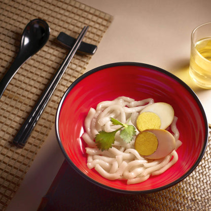 Practimondo 4 Noodle Bowls Set - large 32oz Ramen Bowl Set for authentic Asian Cuisine - with Dipping Bowls, Spoons, Chopsticks & Chopstick Stands. Enjoy Thai Miso Udon Wonton (4 Bowl Set, Red-Black)