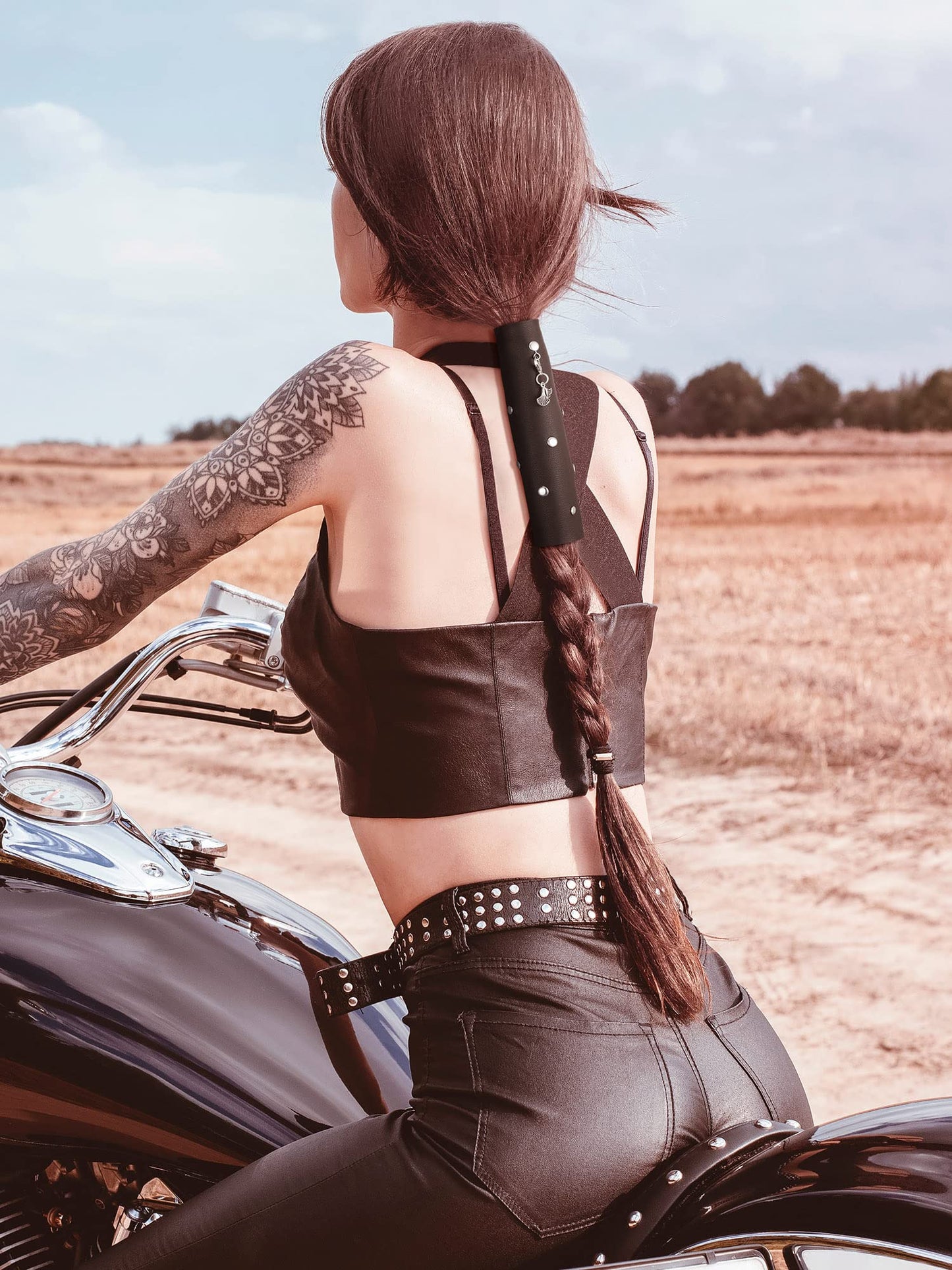 Yinkin 4 Pcs Leather Hair Wrap Motorcycle Ponytail Hair Wrap Ties for Woman PU Ponytail Holder Braided Helmet Bike Accessories (6 Inch, Black, Coffee, Brown, Reddish Brown)