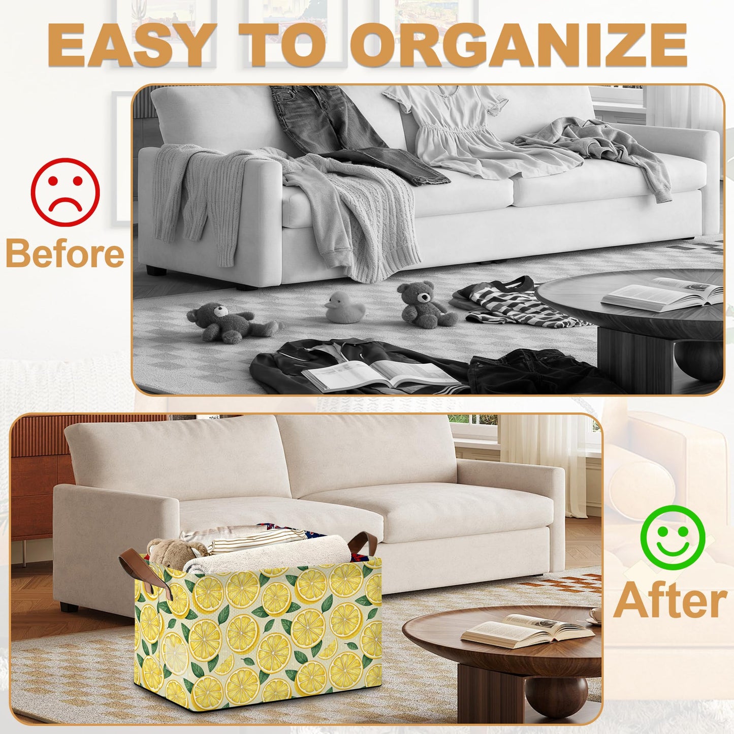 Oeaskly Lemon Fabric Storage Bins with Handles, Oxford Storage Basket for Closet Organization, Foldable Shelf Organizer for Bedroom, Nursery, Laundry, Office