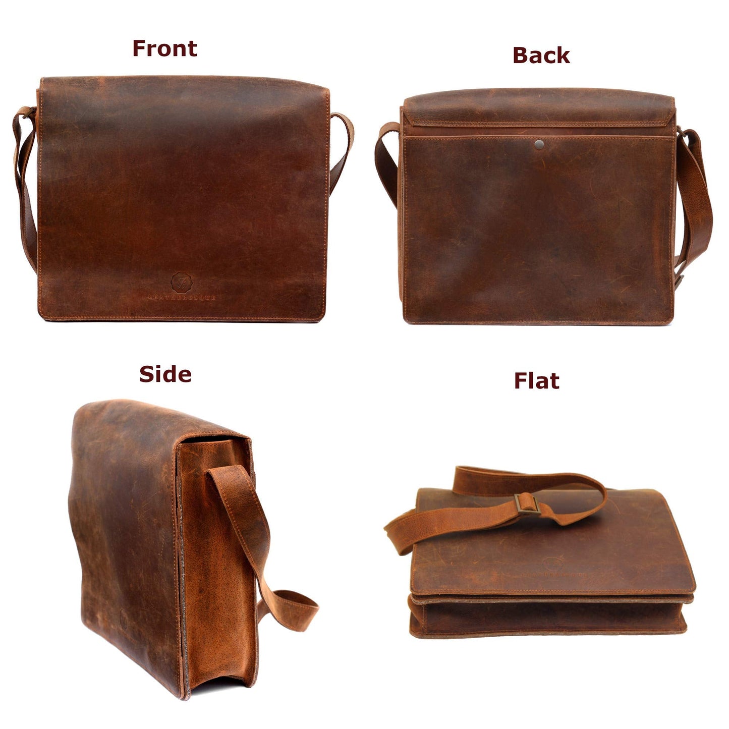 L LEATHERESQUE Chelsea Handmade Genuine Leather Crossbody Laptop Messenger Shoulder Bag 14 inch Satchel for Men and Women Crazy Horse Distressed Vintage Brown