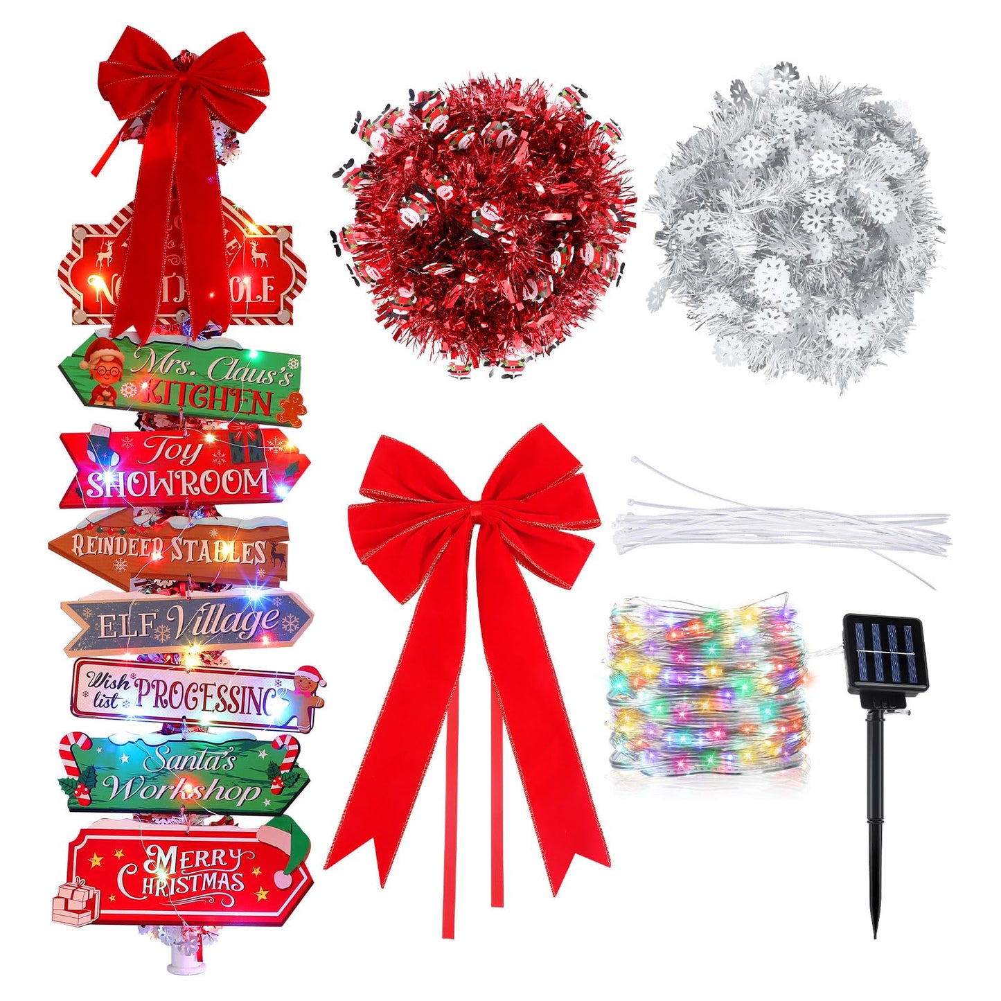 Colingmill Christmas Lamp Post Light Decorations with 8 Merry Christmas Yard Wooden Signs 16.4ft 50led Solar Light String 2 Xmas Tinsel Garlands Red Velvet Bow for Outdoor Holiday Post Lamp Yard Decor